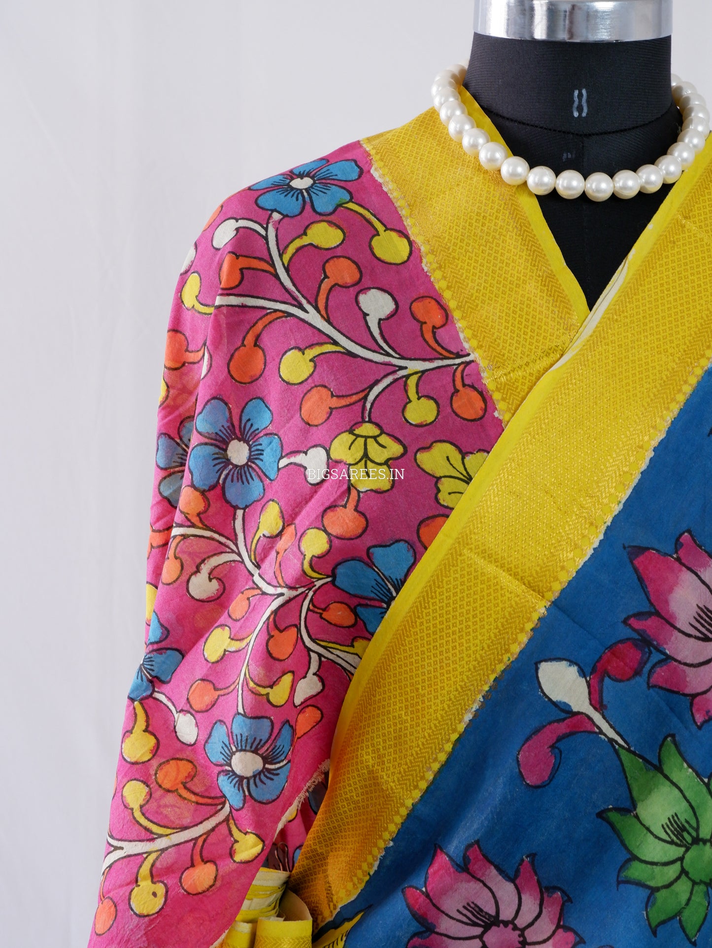 Hand-Painted Kalamkari Saree | Bangalore Silk | Azure Blue