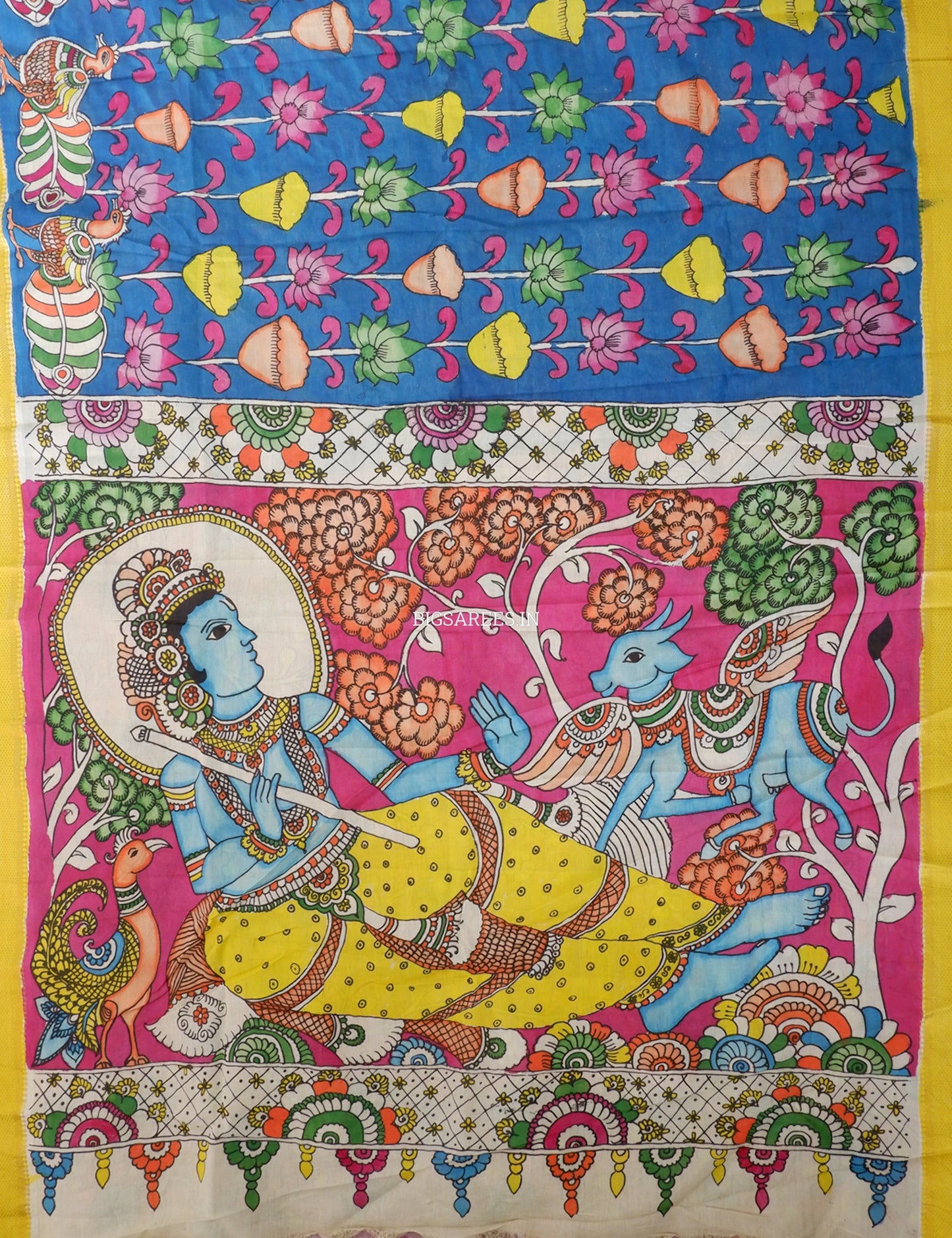 Hand-Painted Kalamkari Saree | Bangalore Silk | Azure Blue