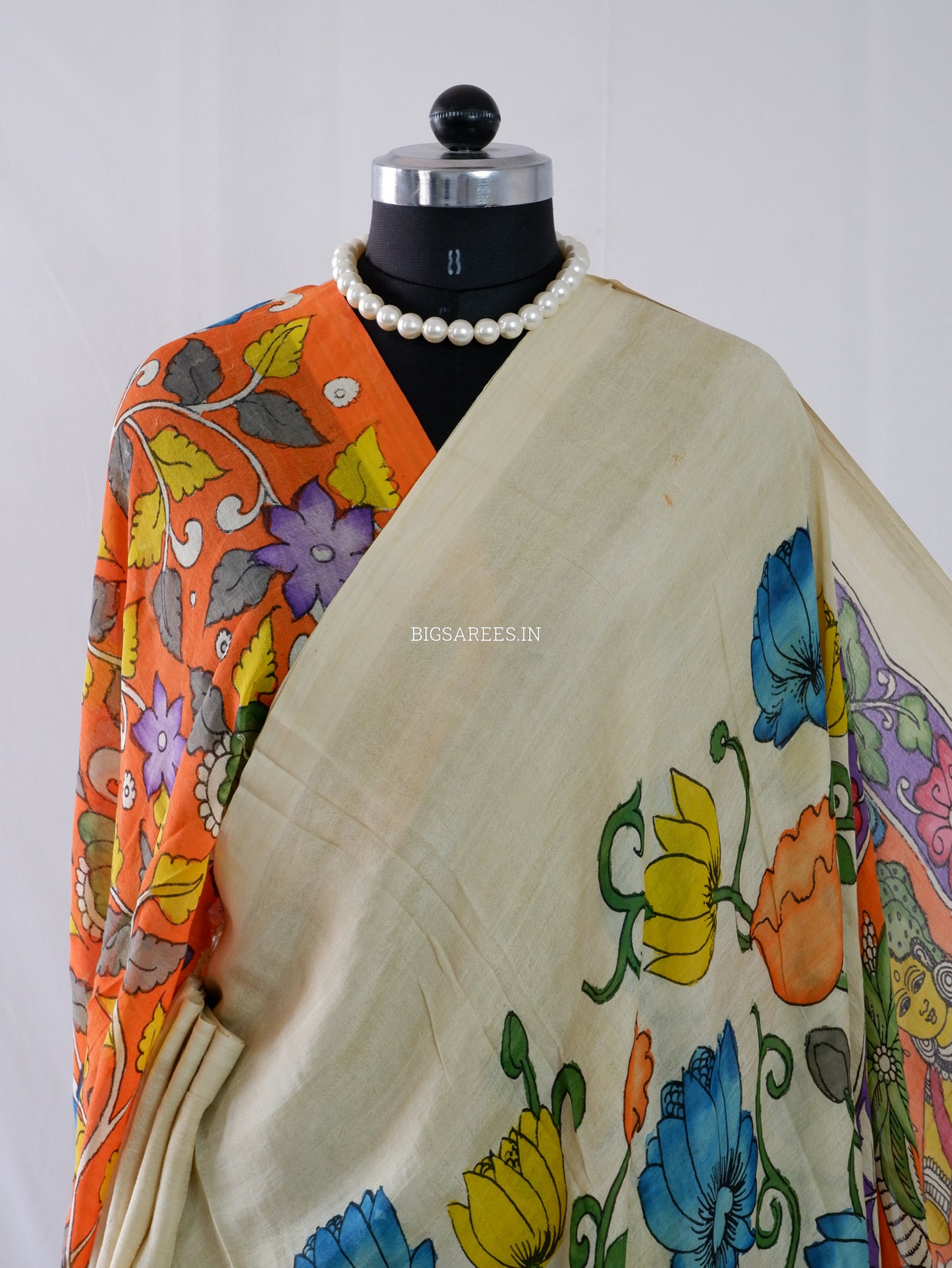 Hand-Painted Kalamkari Saree | Bangalore Silk | Beige