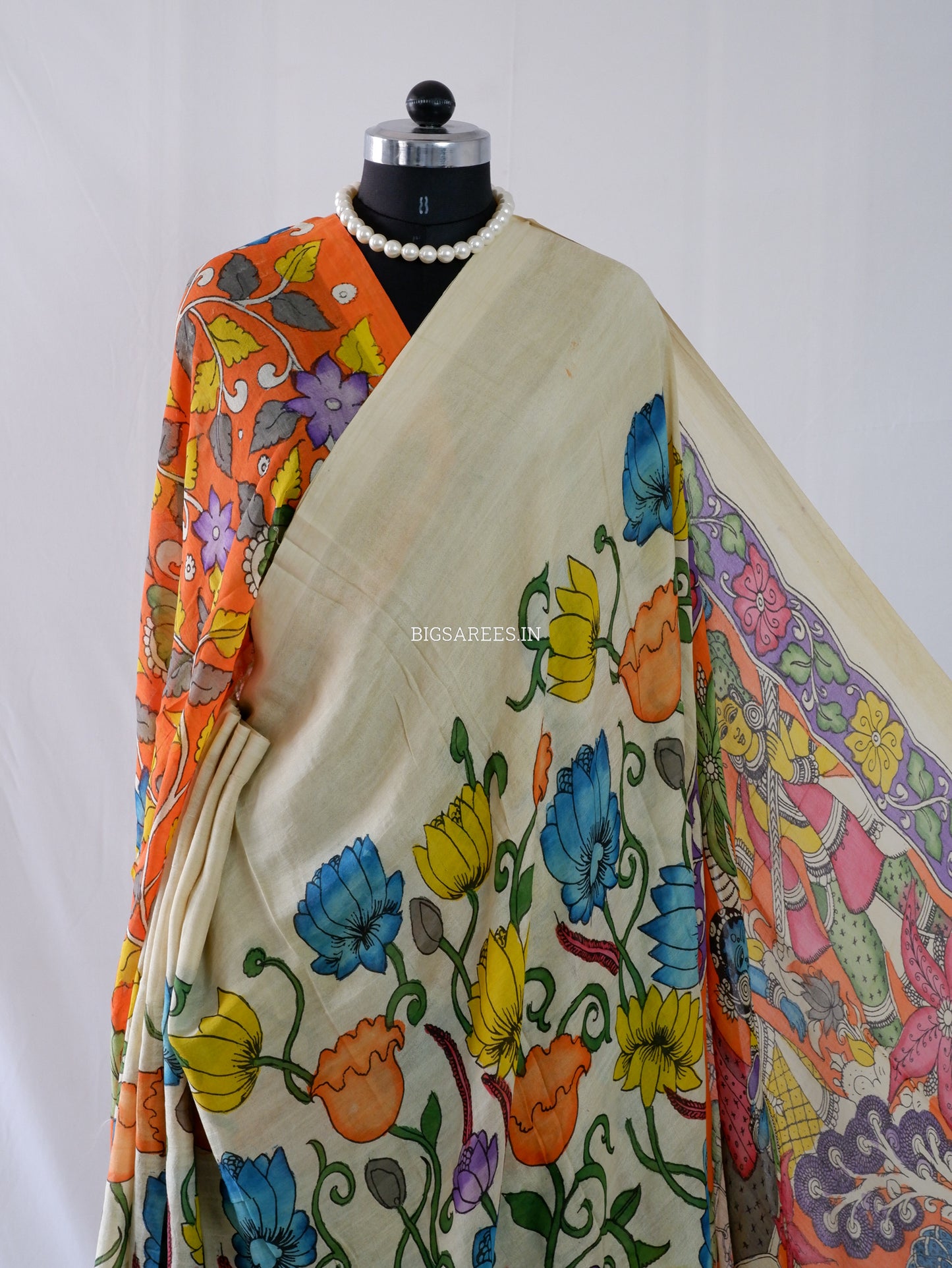 Hand-Painted Kalamkari Saree | Bangalore Silk | Beige