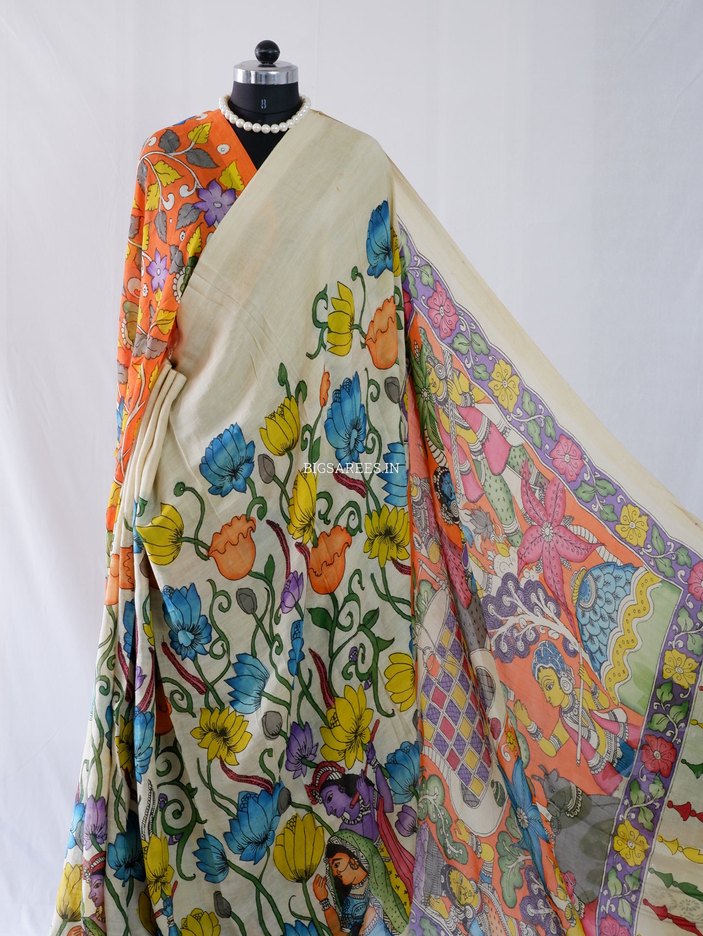 Hand-Painted Kalamkari Saree | Bangalore Silk | Beige