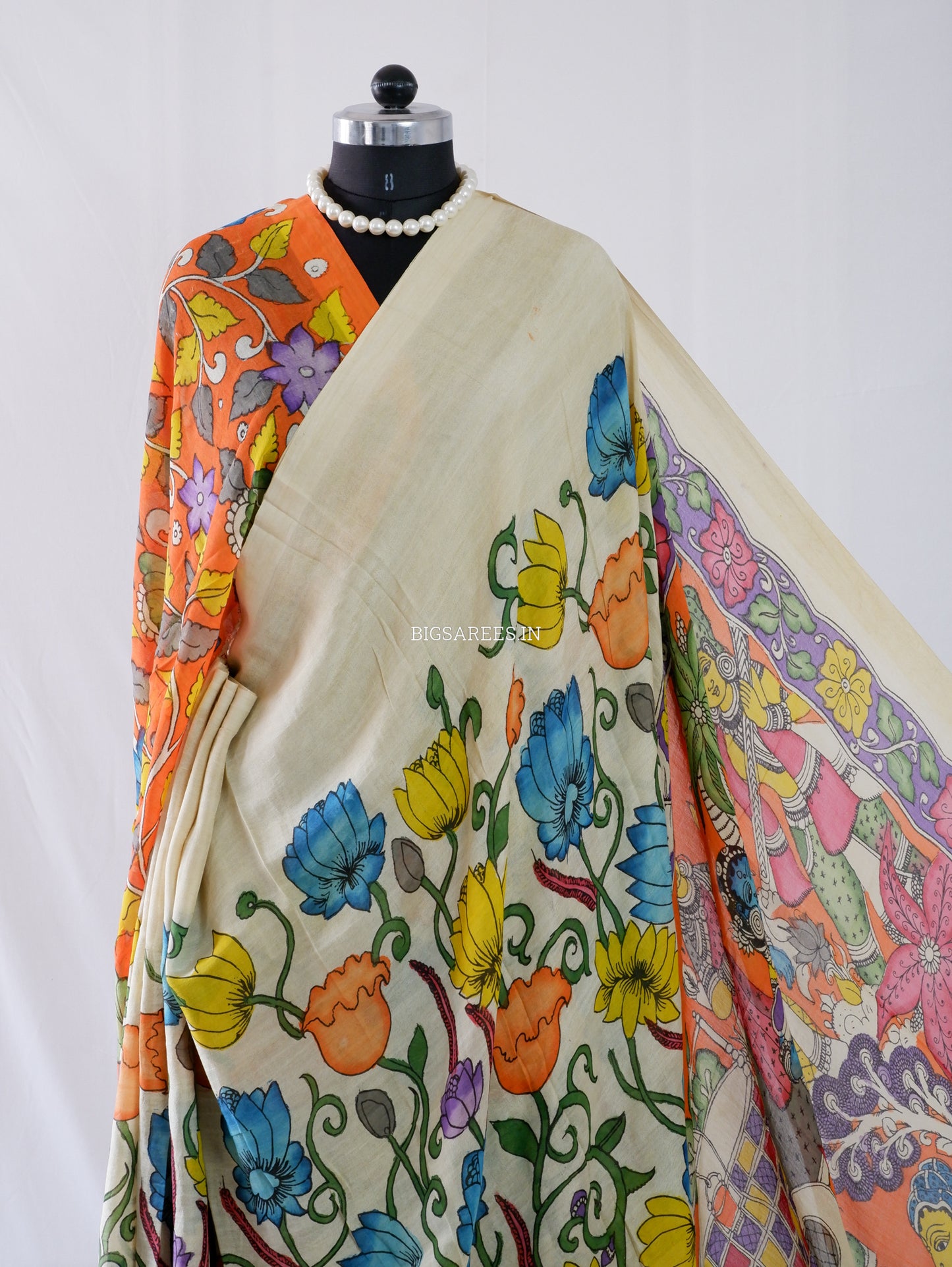 Hand-Painted Kalamkari Saree | Bangalore Silk | Beige