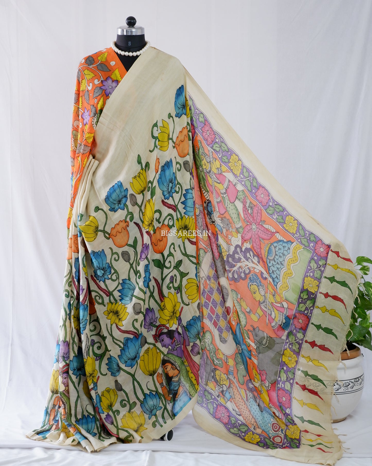 Hand-Painted Kalamkari Saree | Bangalore Silk | Beige