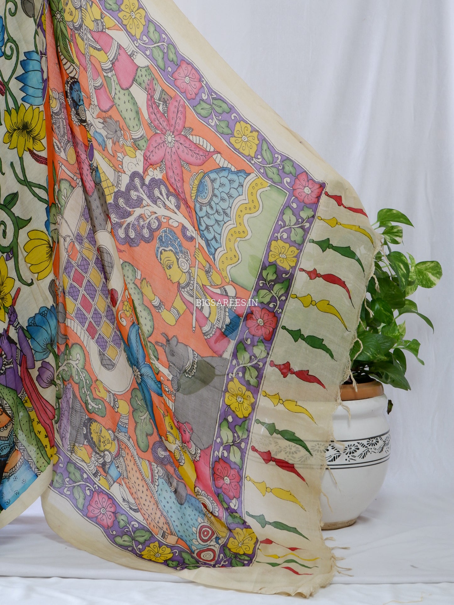 Hand-Painted Kalamkari Saree | Bangalore Silk | Beige