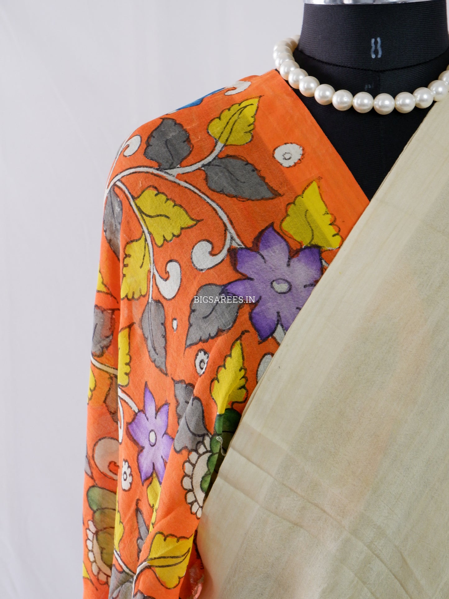 Hand-Painted Kalamkari Saree | Bangalore Silk | Beige