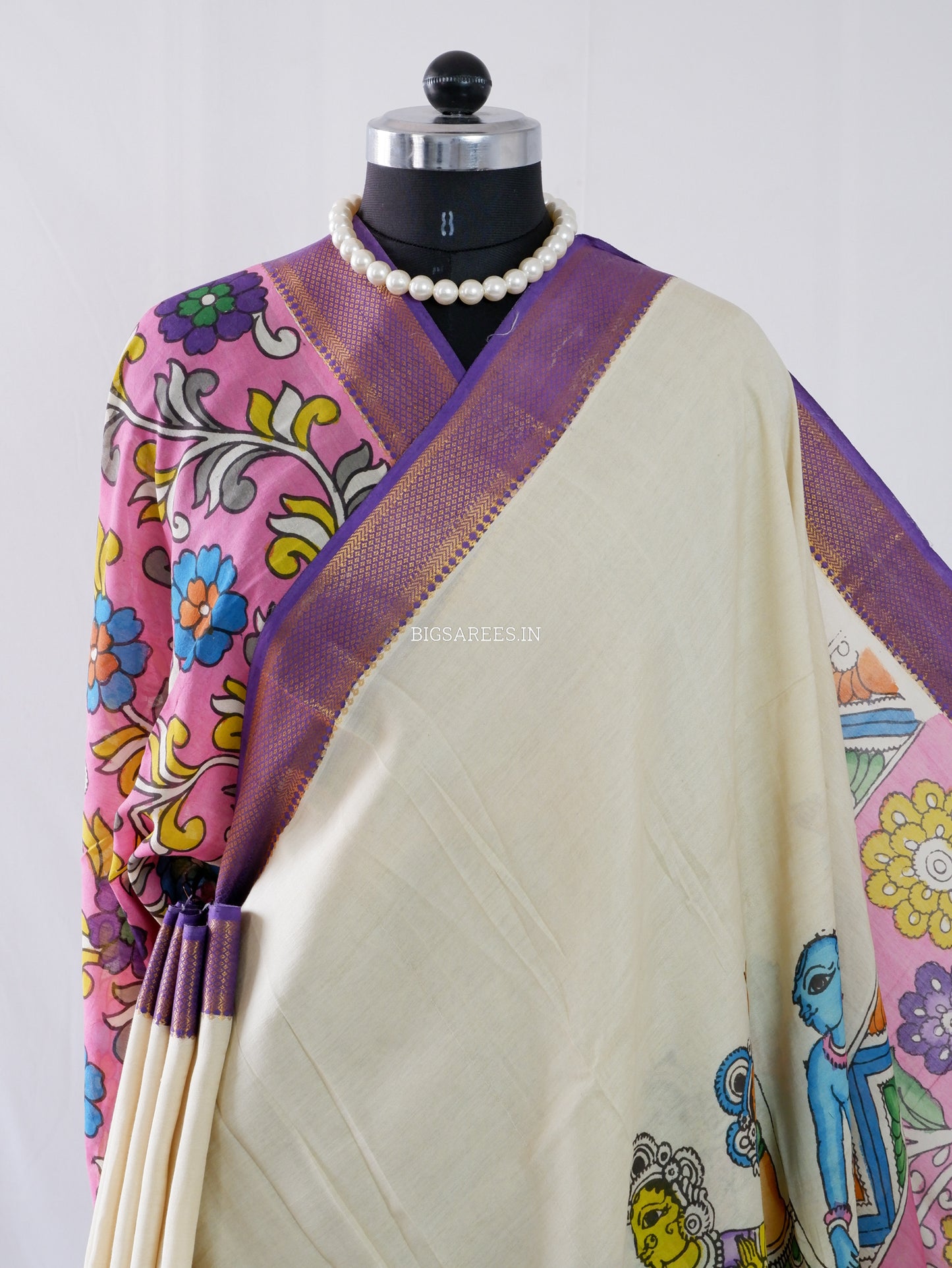 Hand-Painted Kalamkari Saree | Bangalore Silk | Beige