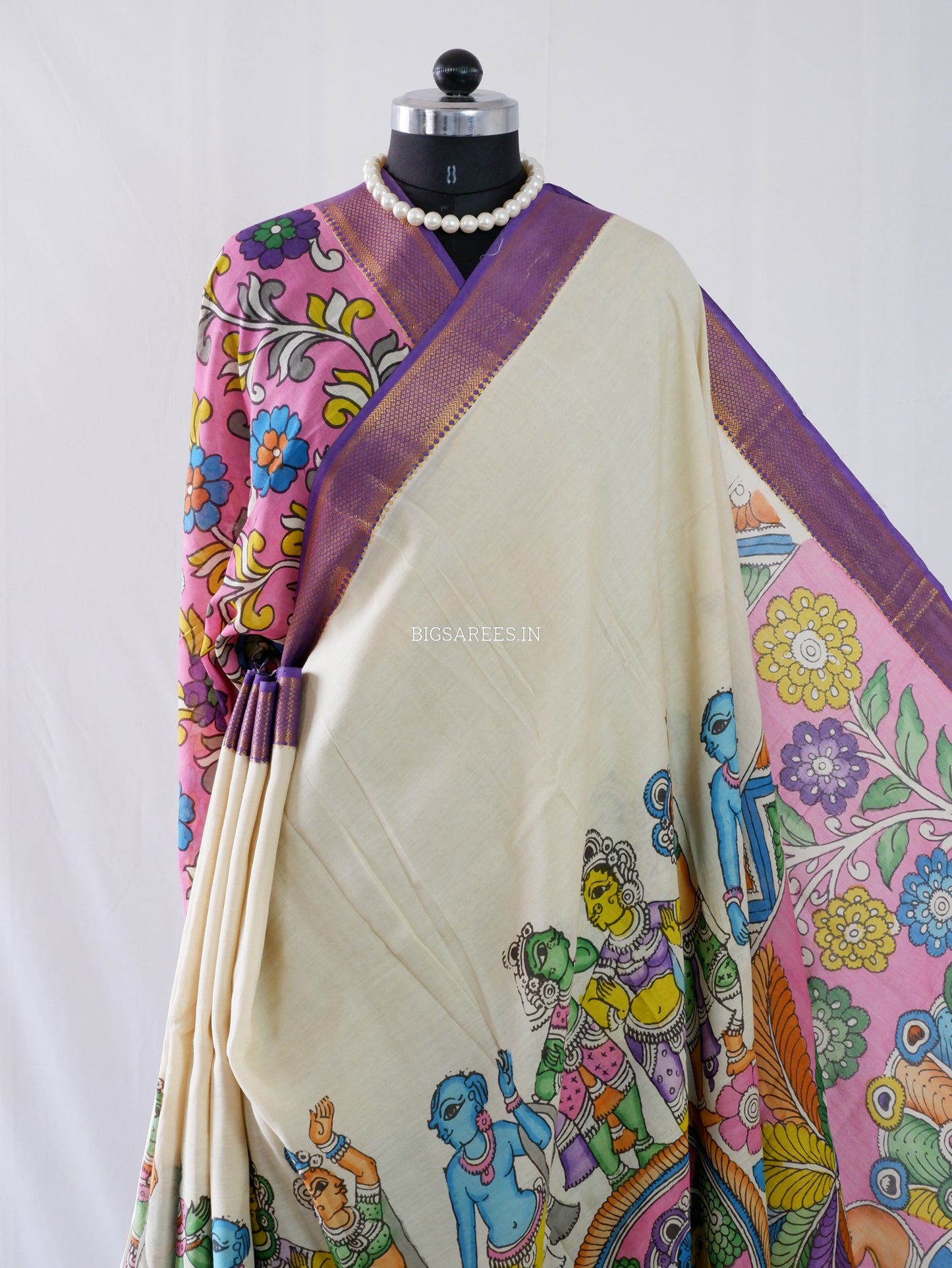 Hand-Painted Kalamkari Saree | Bangalore Silk | Beige