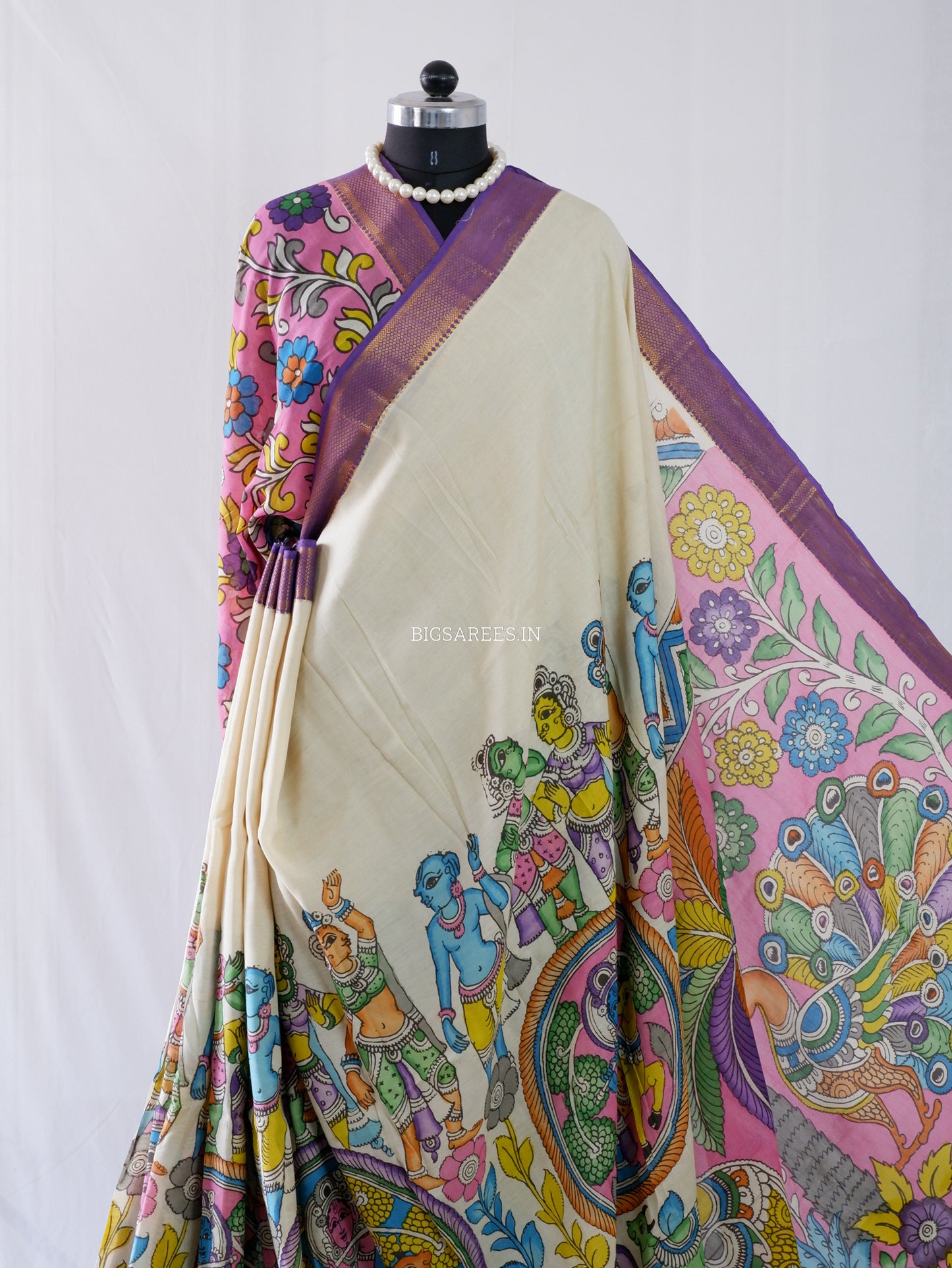 Hand-Painted Kalamkari Saree | Bangalore Silk | Beige