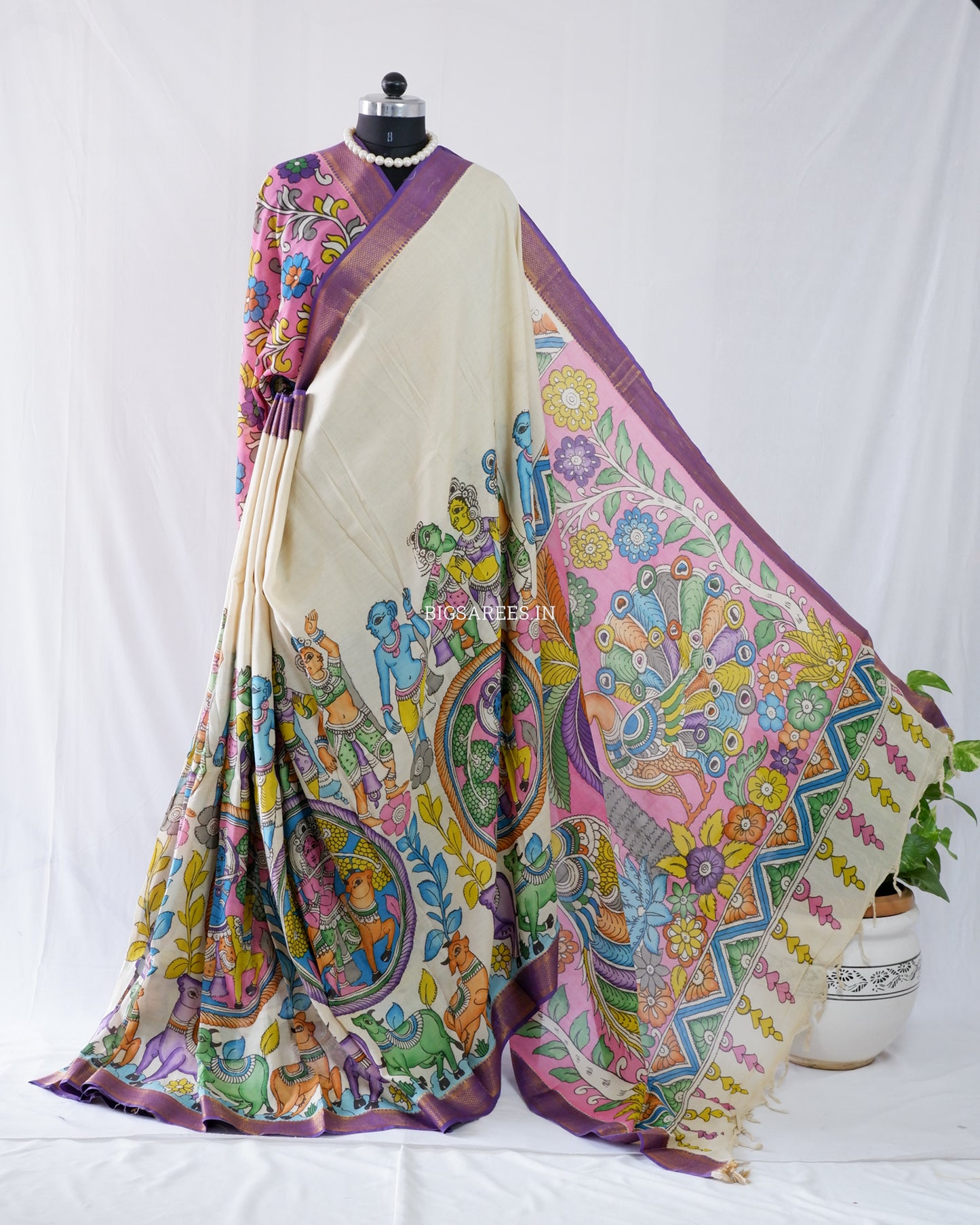 Hand-Painted Kalamkari Saree | Bangalore Silk | Beige