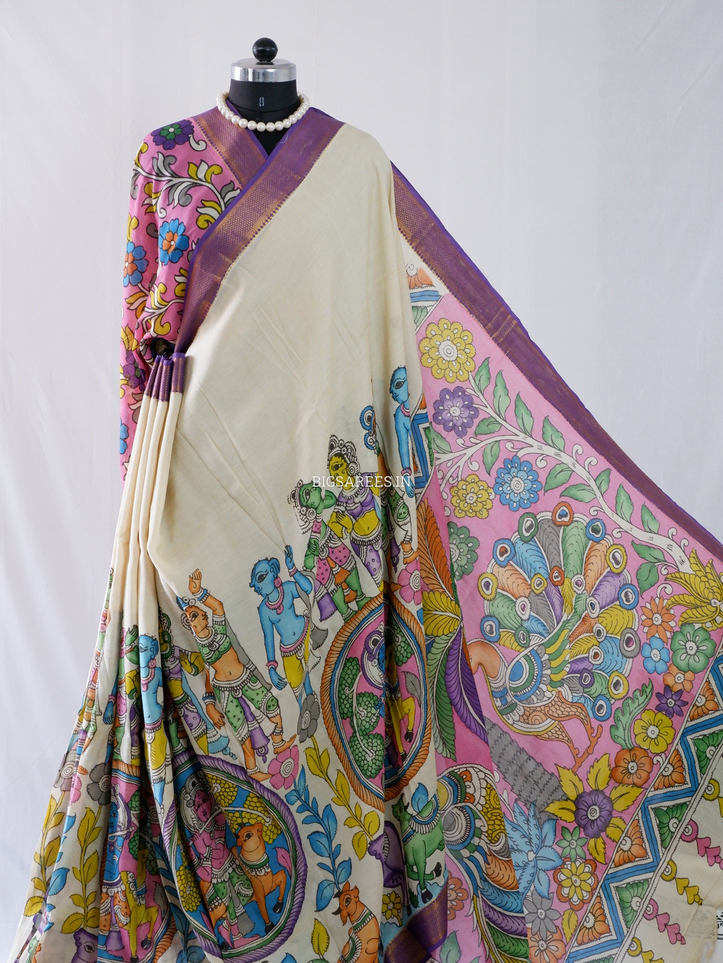 Hand-Painted Kalamkari Saree | Bangalore Silk | Beige