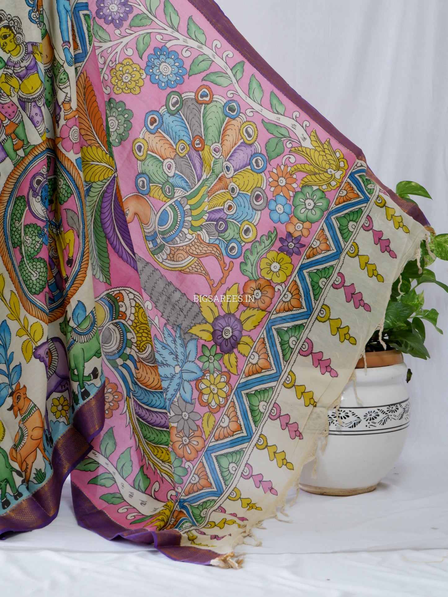 Hand-Painted Kalamkari Saree | Bangalore Silk | Beige