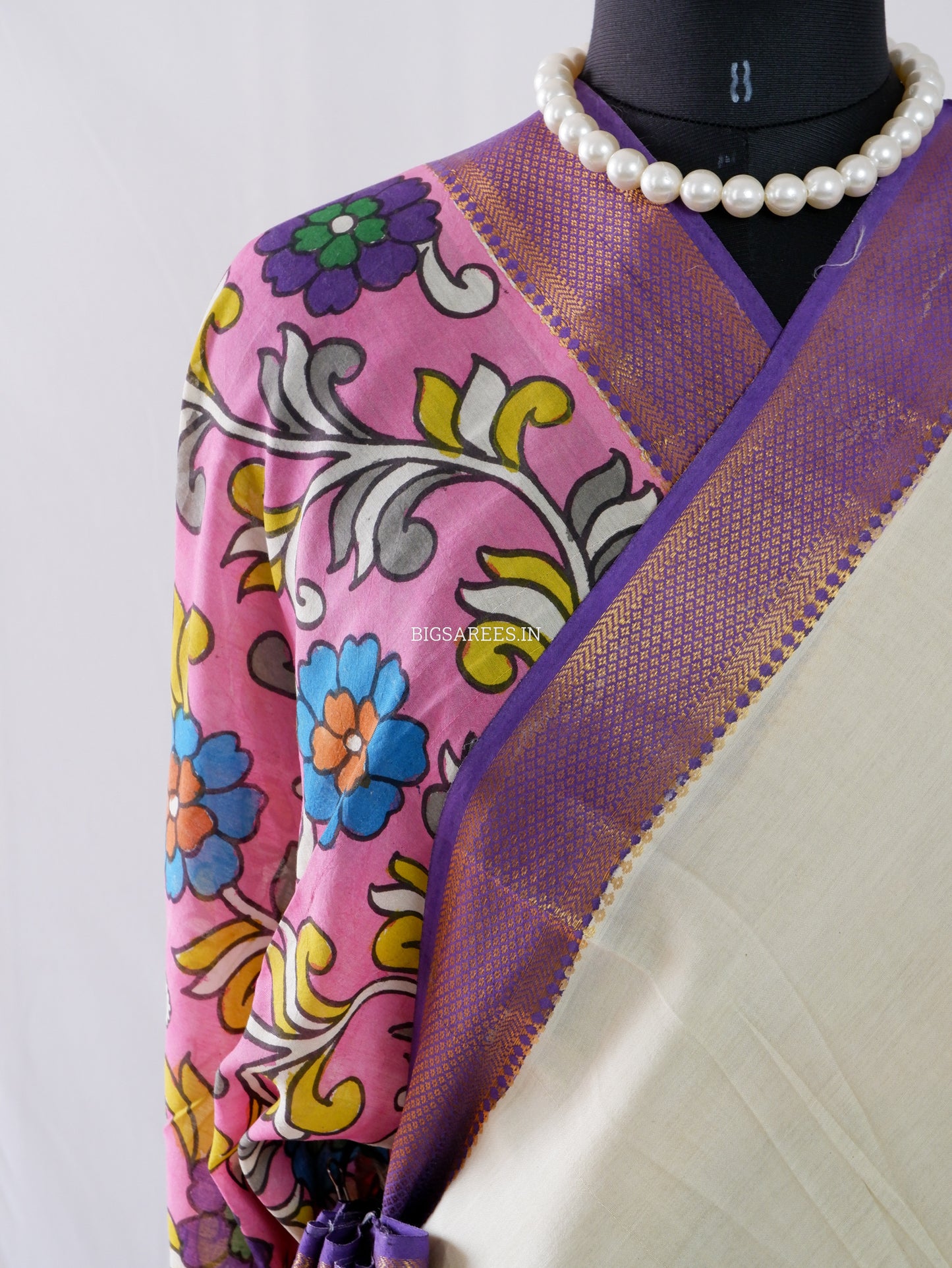 Hand-Painted Kalamkari Saree | Bangalore Silk | Beige