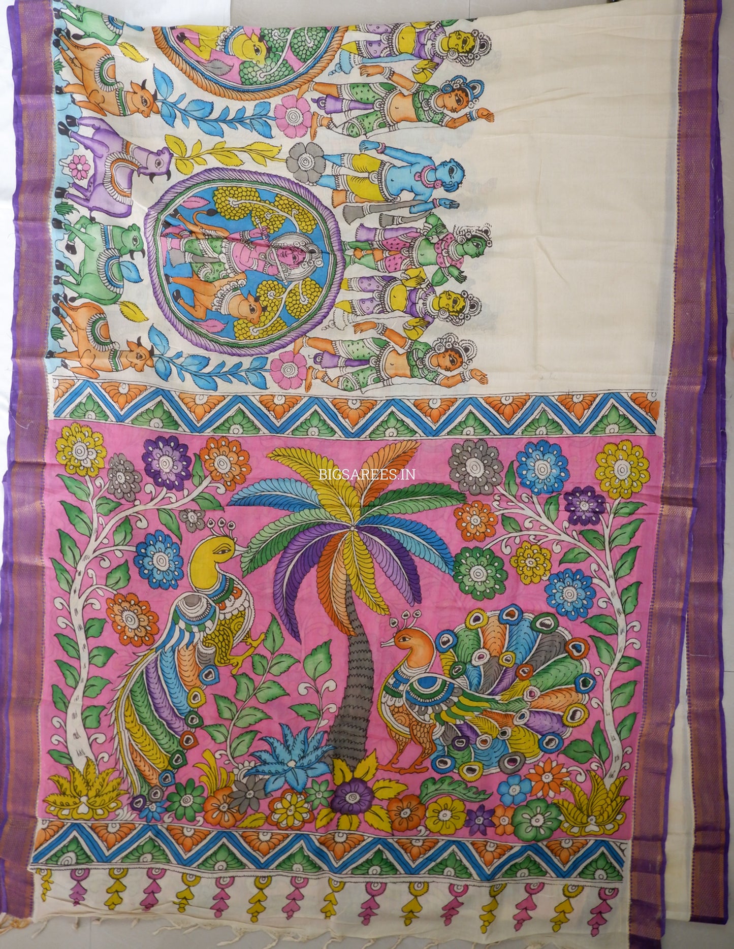 Hand-Painted Kalamkari Saree | Bangalore Silk | Beige