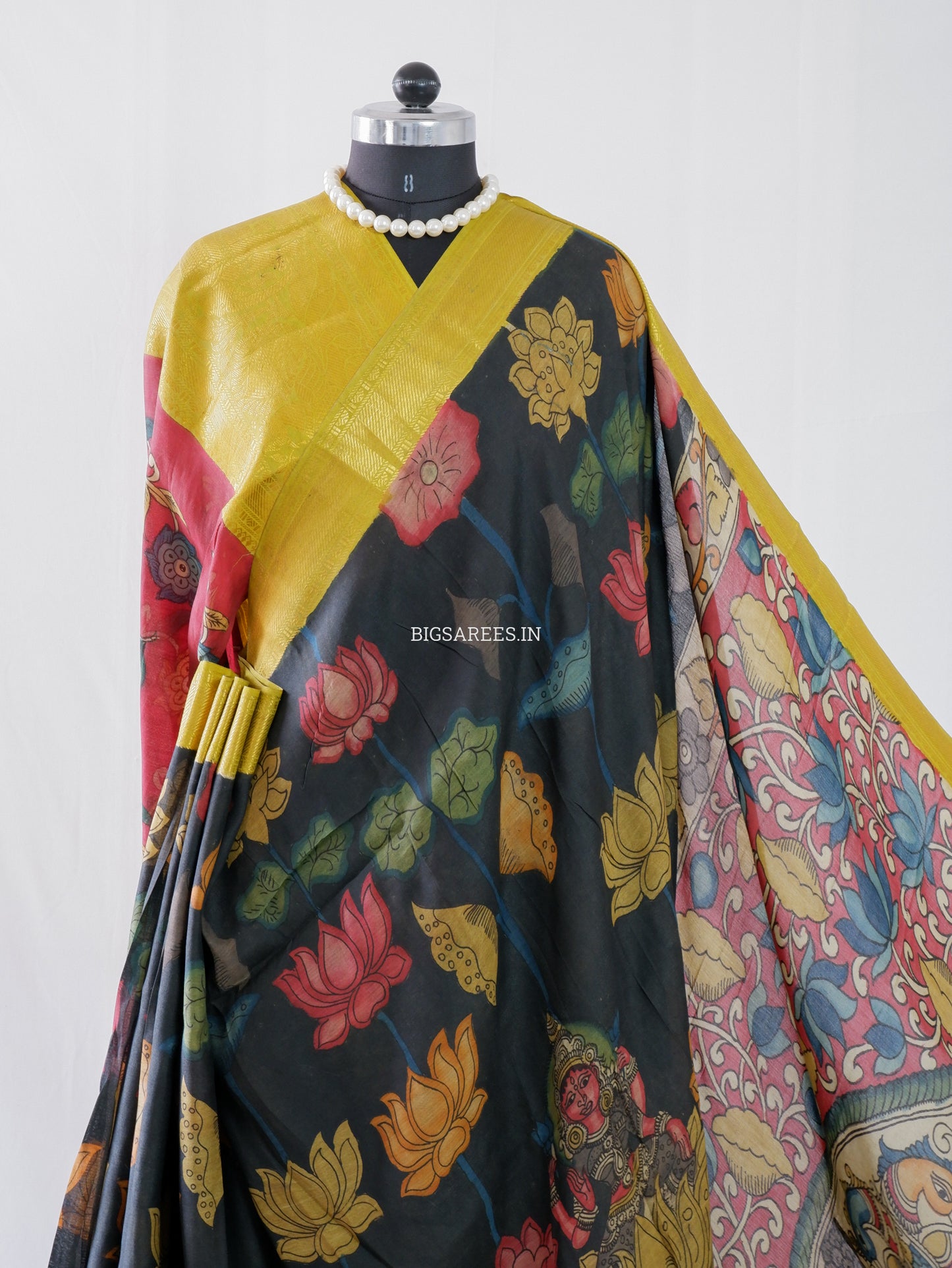 Hand-Painted Kalamkari Saree | Banglore Silk | Black