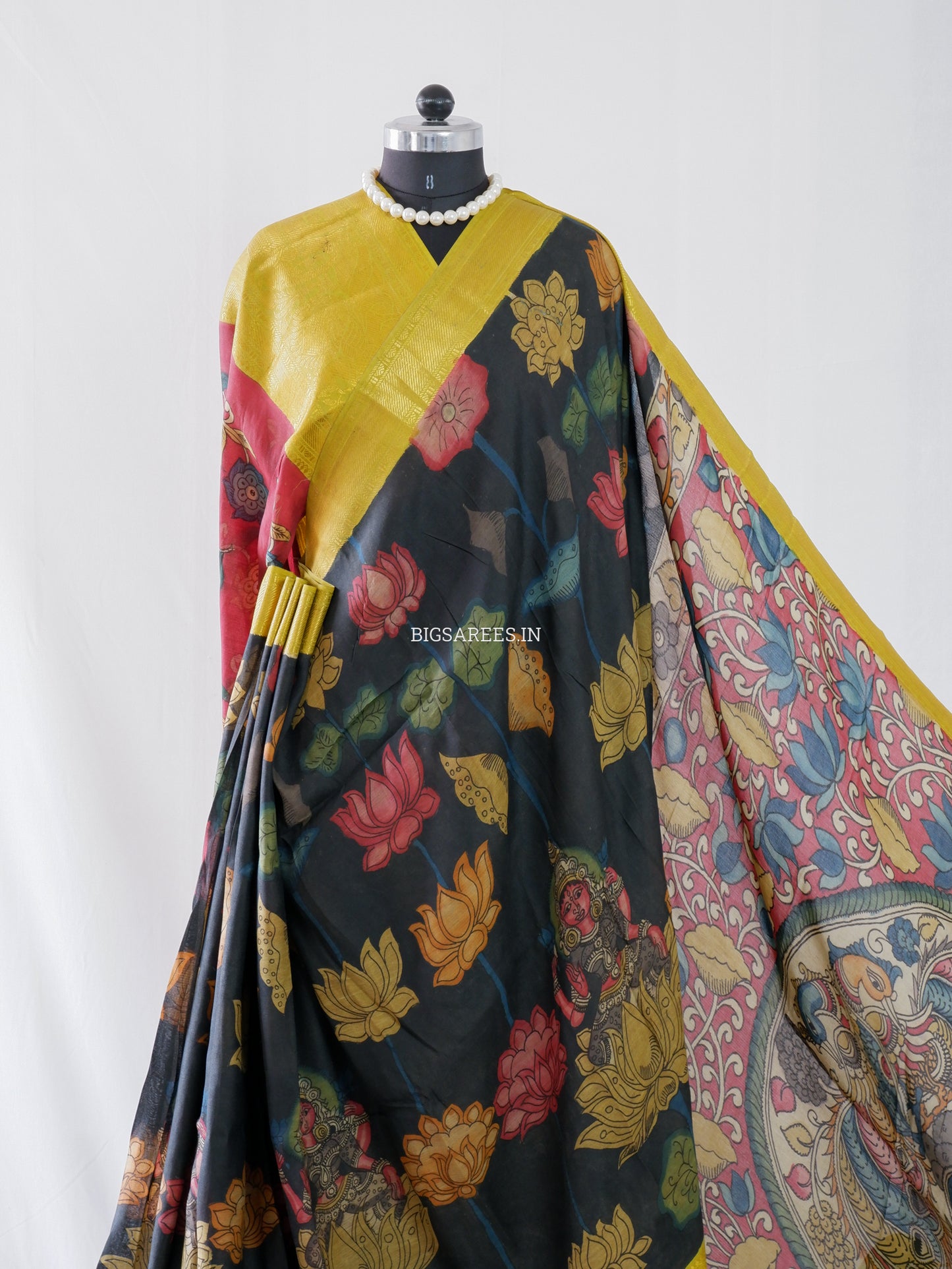 Hand-Painted Kalamkari Saree | Banglore Silk | Black