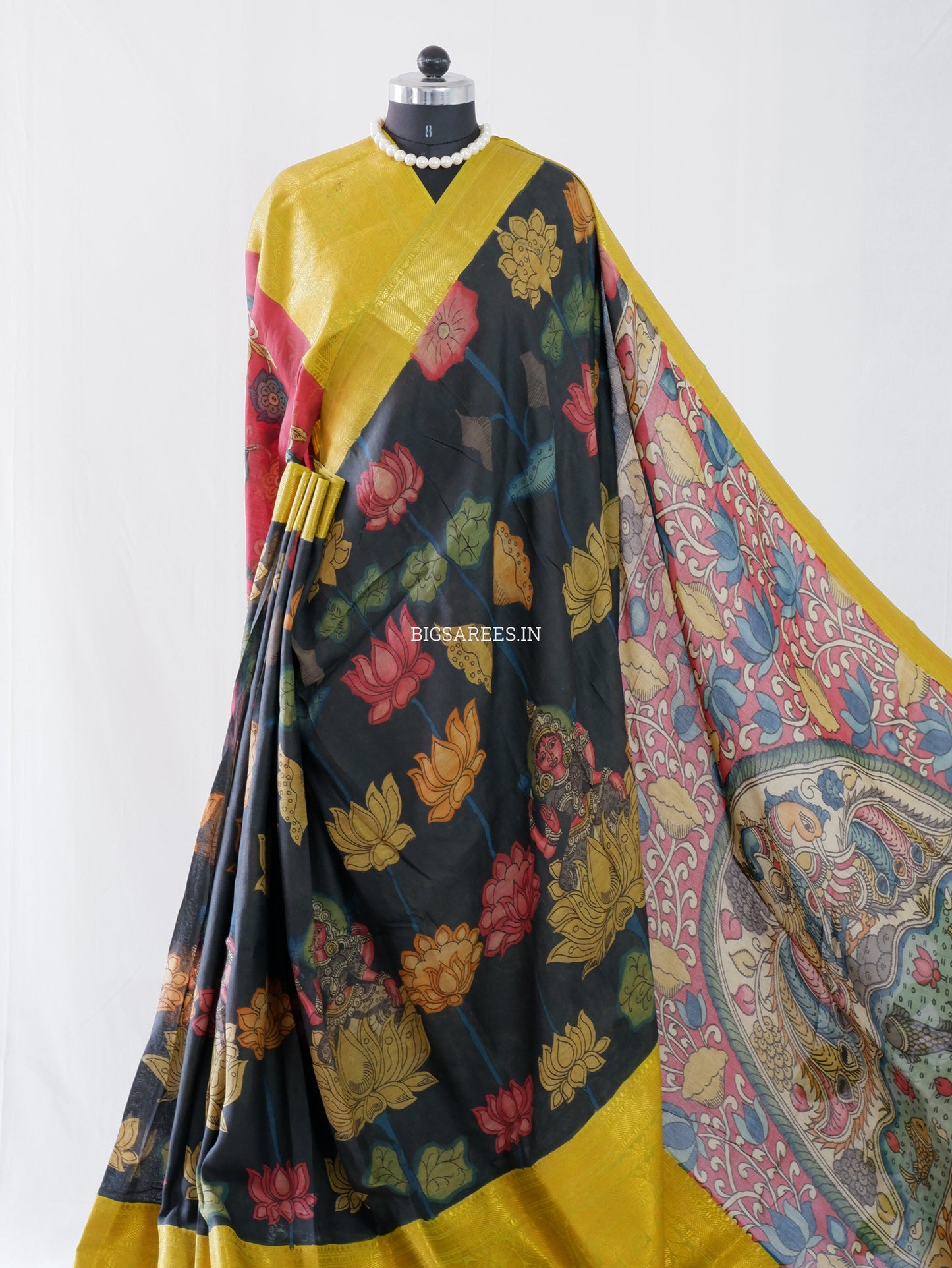 Hand-Painted Kalamkari Saree | Banglore Silk | Black