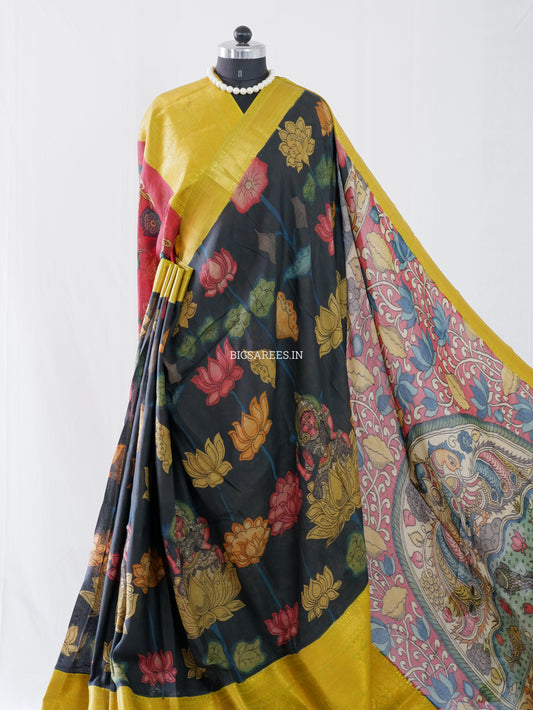 Hand-Painted Kalamkari Saree | Banglore Silk | Black