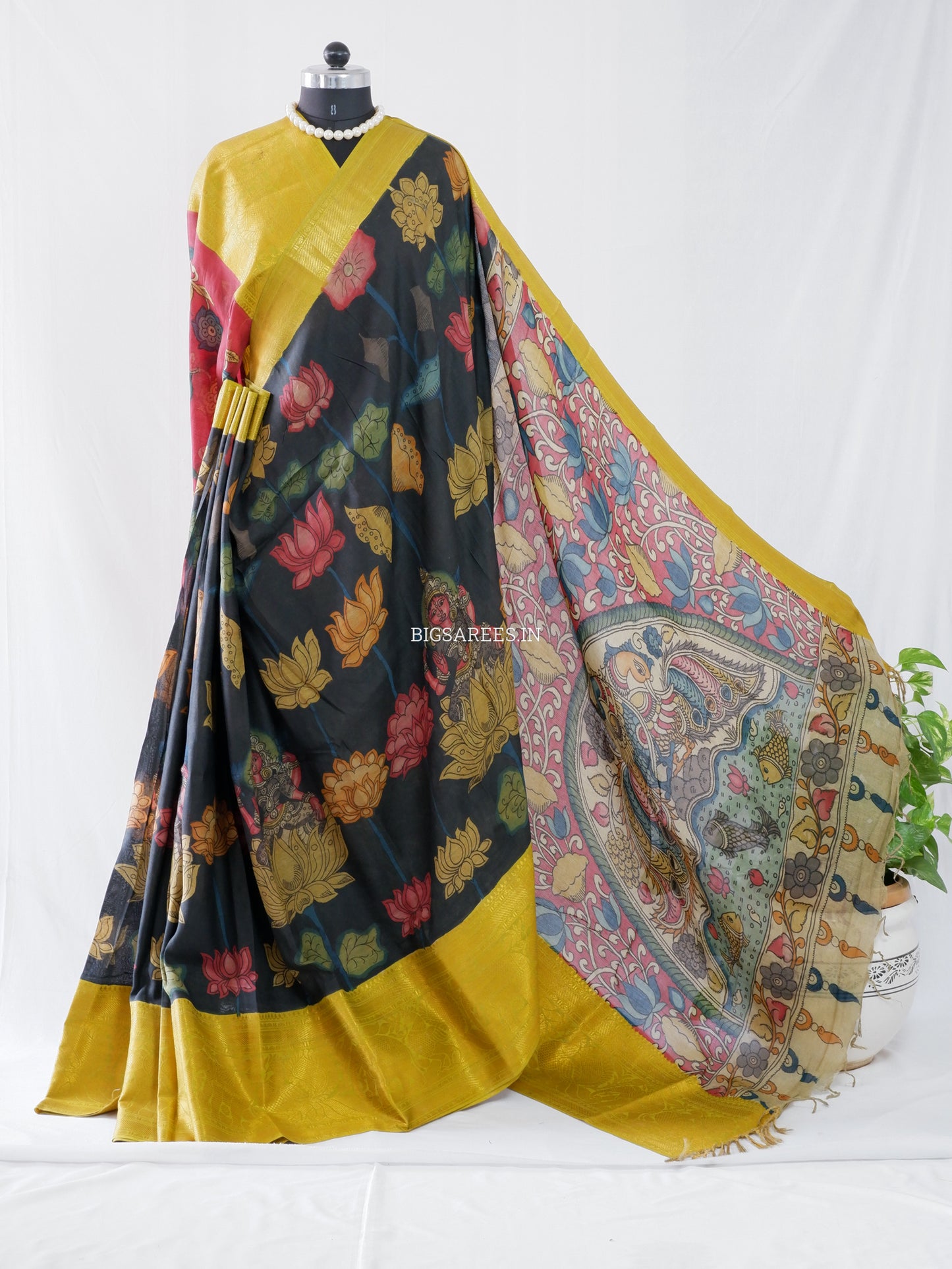 Hand-Painted Kalamkari Saree | Banglore Silk | Black