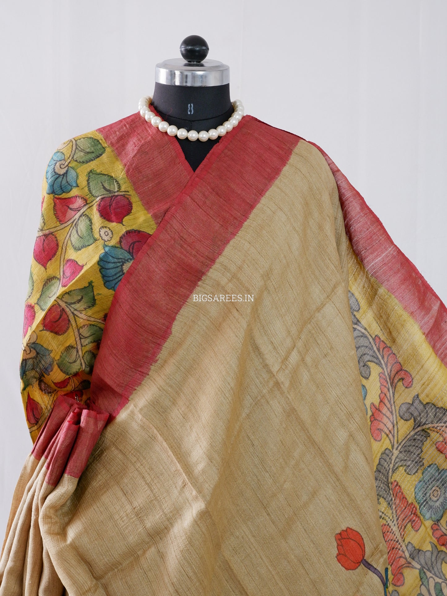 Hand-Painted Kalamkari Saree | Tussar Silk | Beige