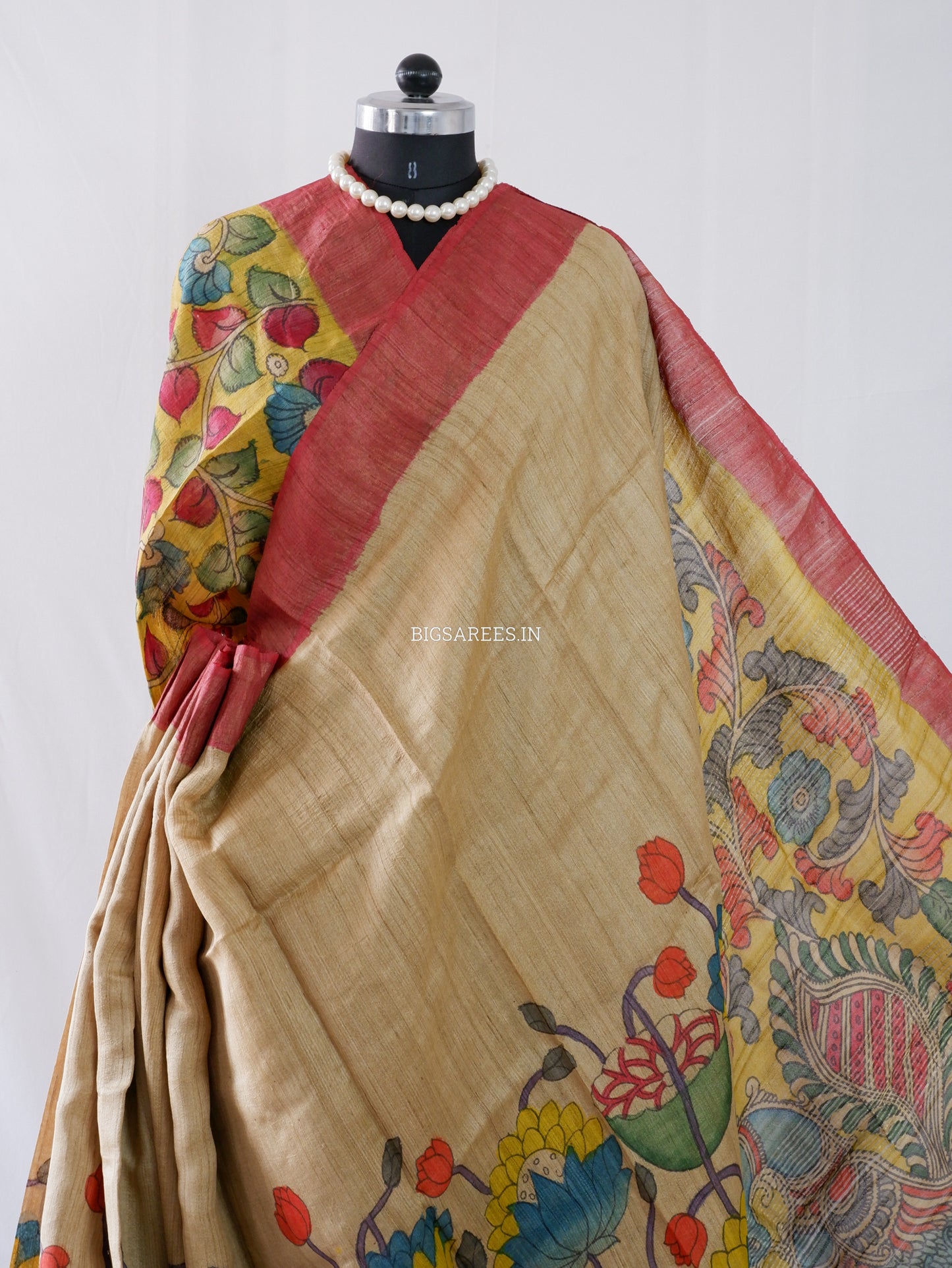 Hand-Painted Kalamkari Saree | Tussar Silk | Beige