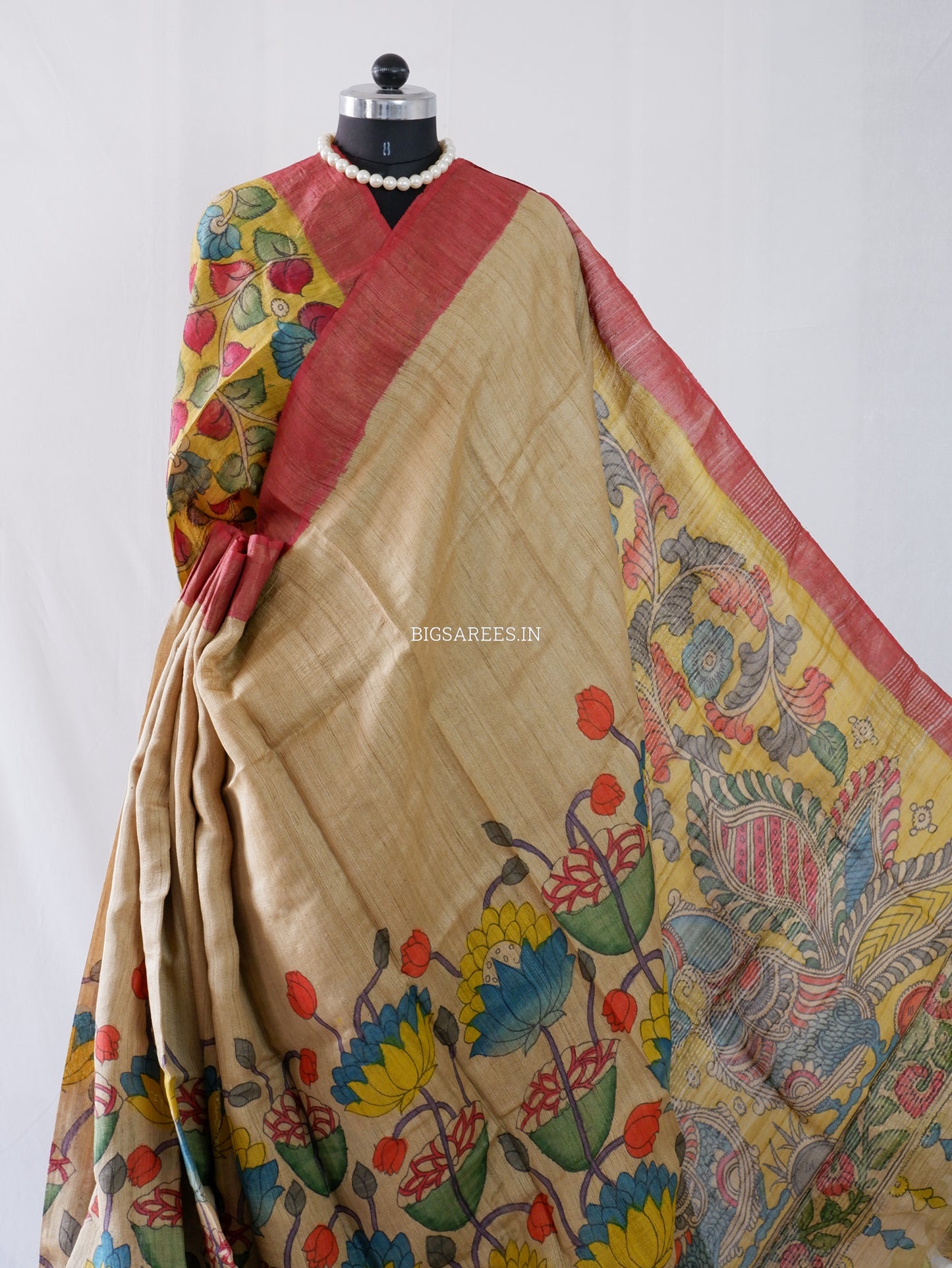Hand-Painted Kalamkari Saree | Tussar Silk | Beige