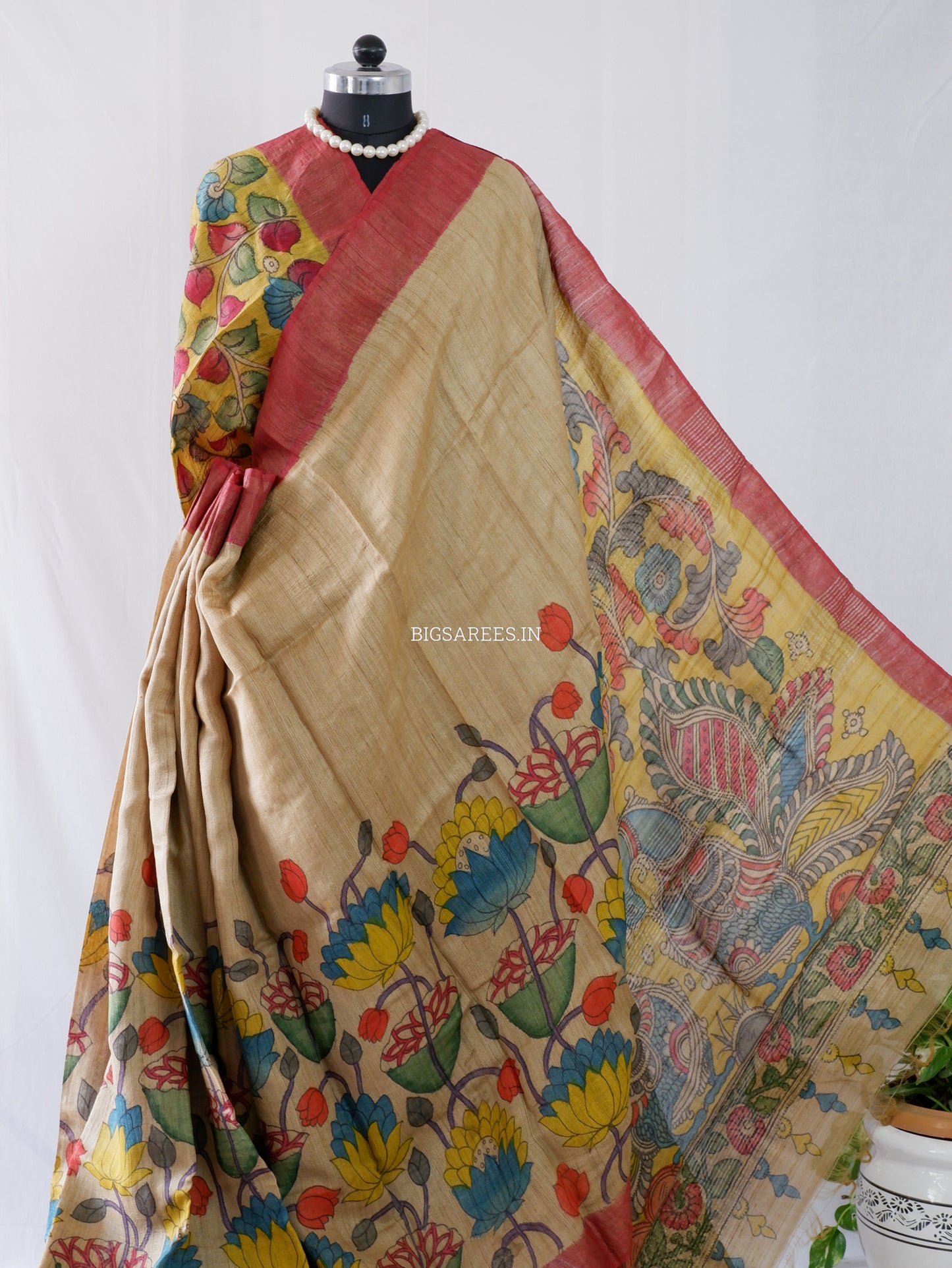 Hand-Painted Kalamkari Saree | Tussar Silk | Beige
