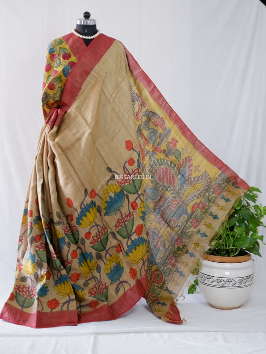 Hand-Painted Kalamkari Saree | Tussar Silk | Beige