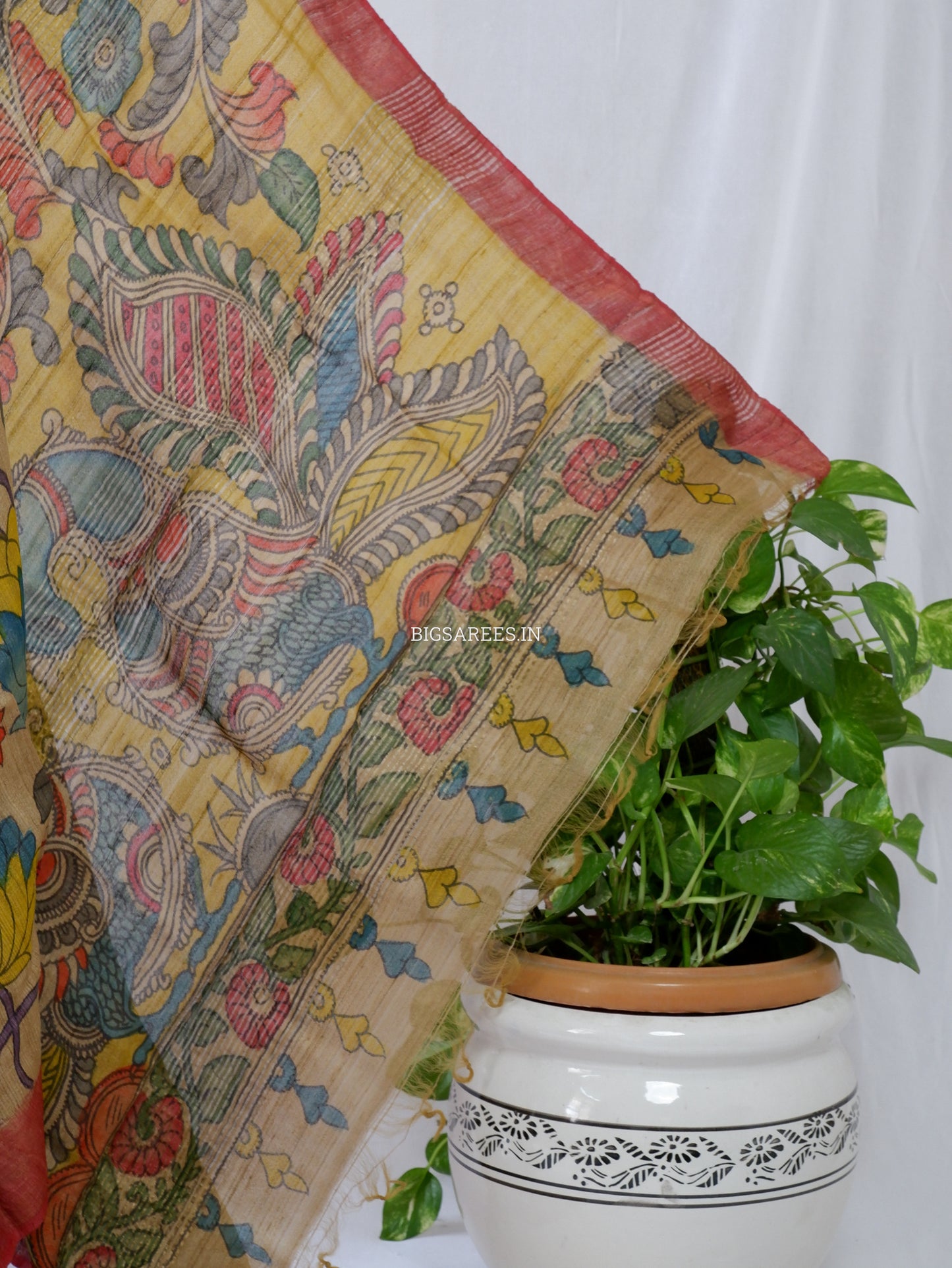 Hand-Painted Kalamkari Saree | Tussar Silk | Beige