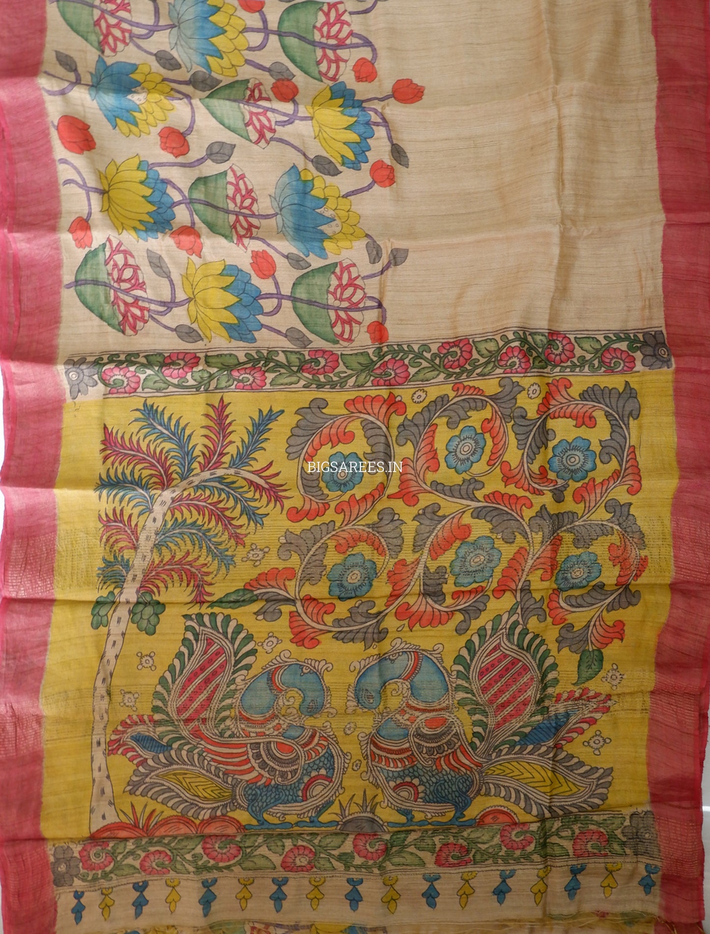 Hand-Painted Kalamkari Saree | Tussar Silk | Beige