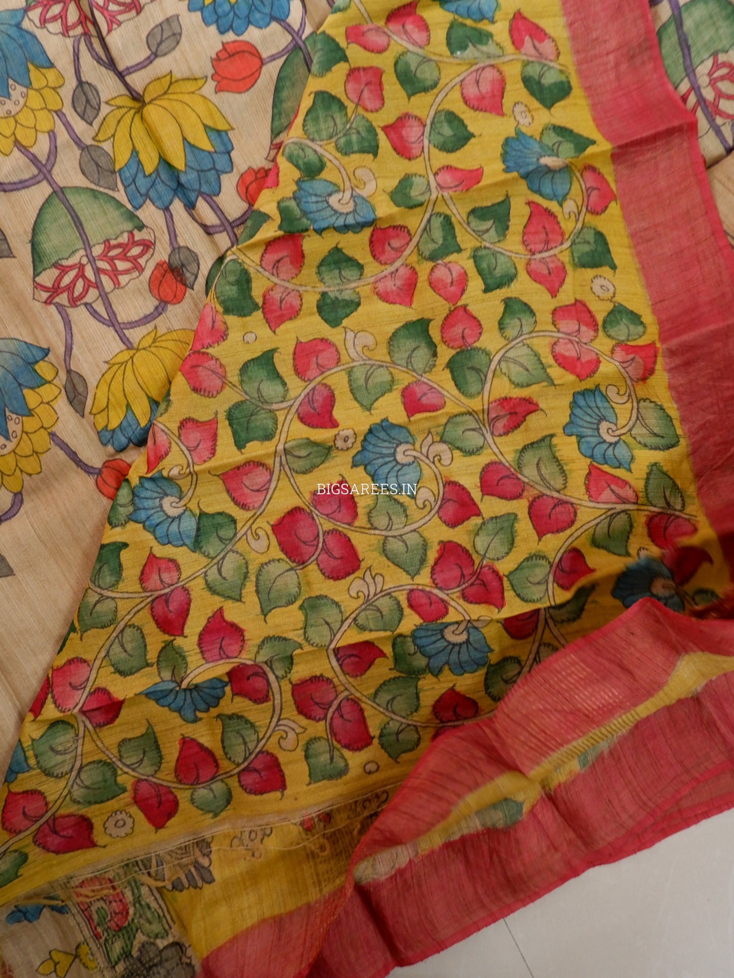Hand-Painted Kalamkari Saree | Tussar Silk | Beige