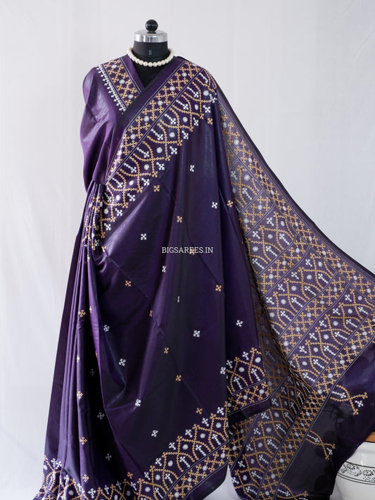 Kutchi/Gujarati Stitch Hand Embroidered Saree | Art Silk |Purple