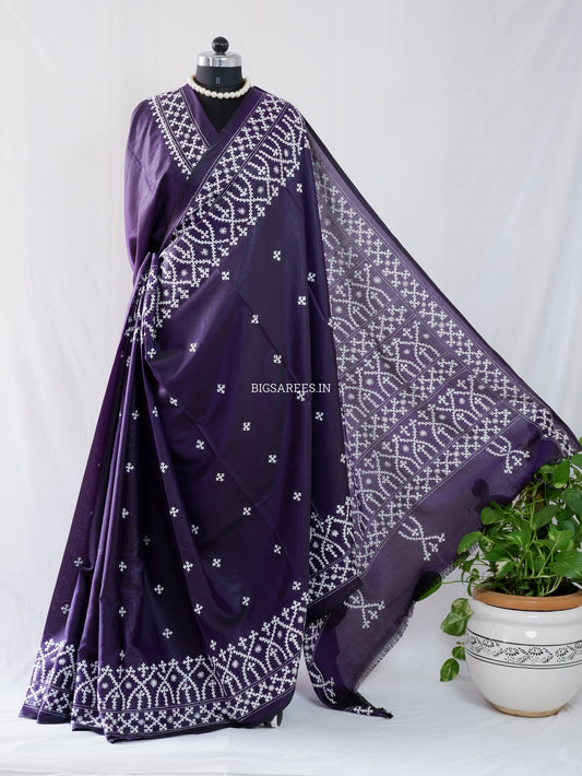 Kutchi/Gujarati Stitch Hand Embroidered Saree | Art Silk | Real Mirror Work | Purple