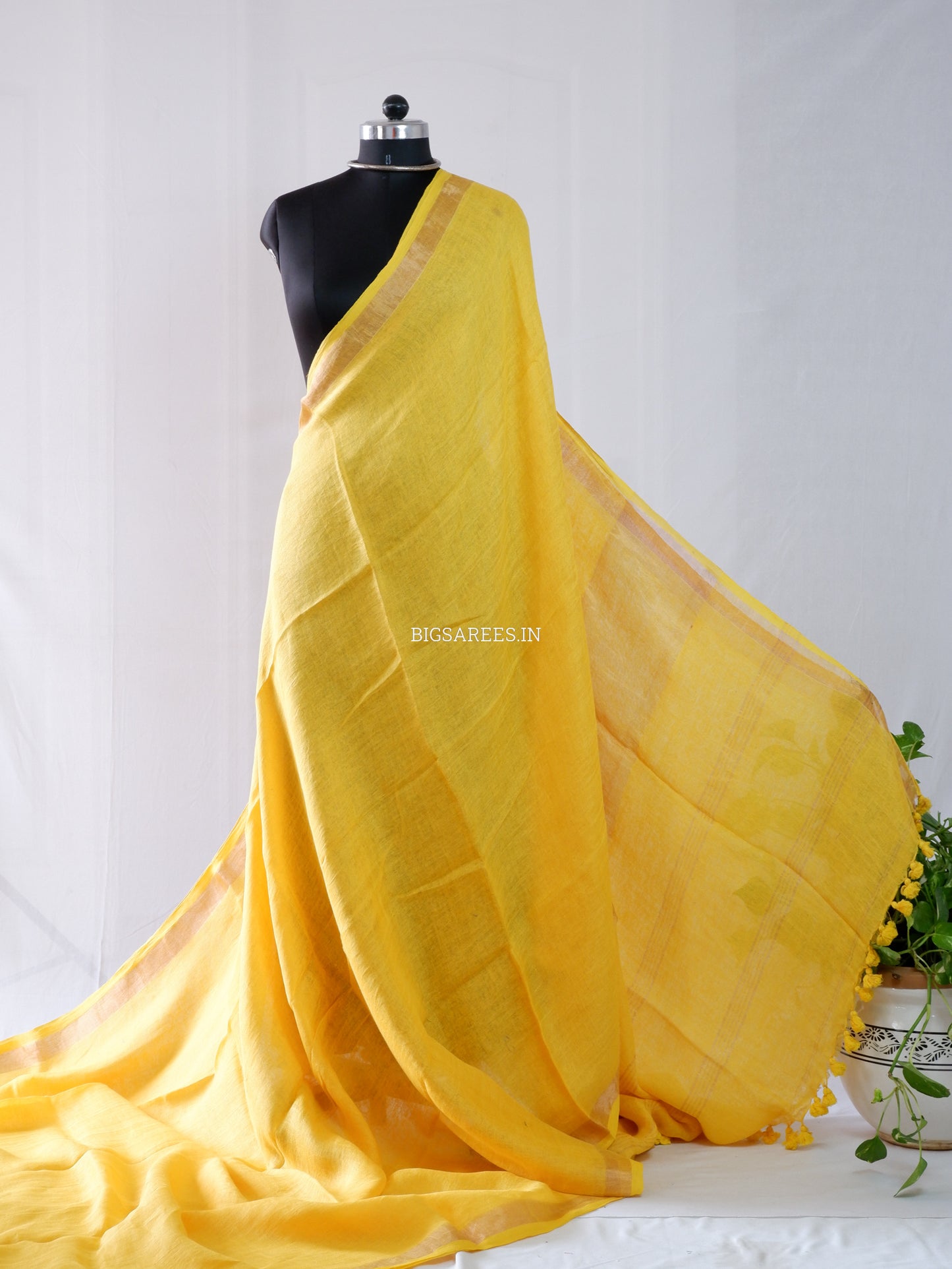 Pure Jayshree Linen Saree | Plain | Bright Yellow