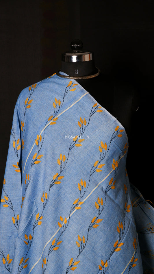 Hand-Embroidered Kantha Dupatta in Pure Khesh Cotton/Blue/36"