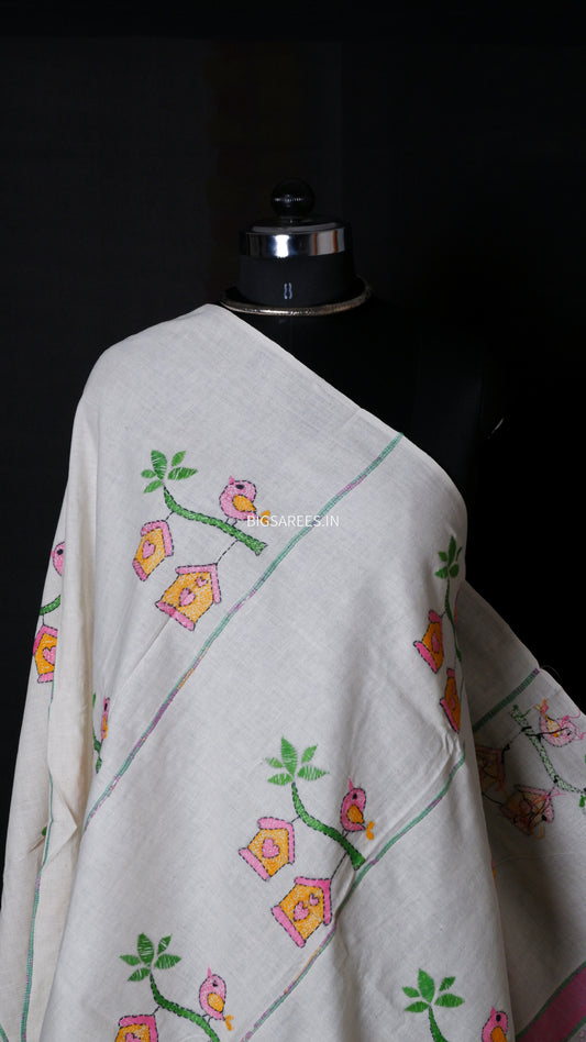 Hand-Embroidered Kantha Dupatta in Pure Khesh Cotton/ White With Pink Border/36"