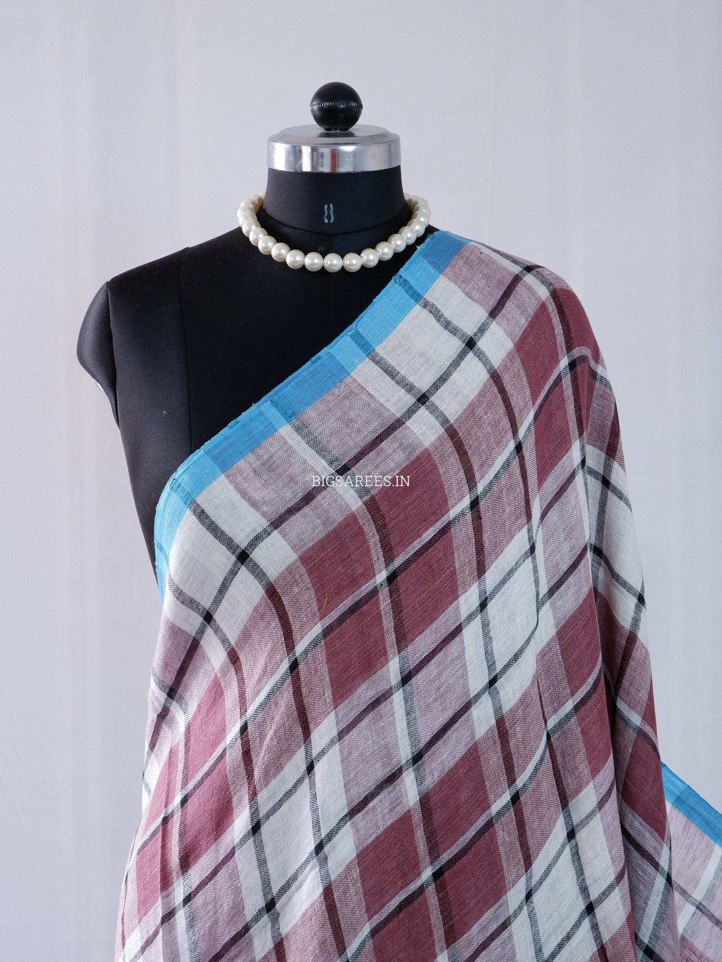 Pure Jayshree Linen Saree | Checks | Reddish Brown - White
