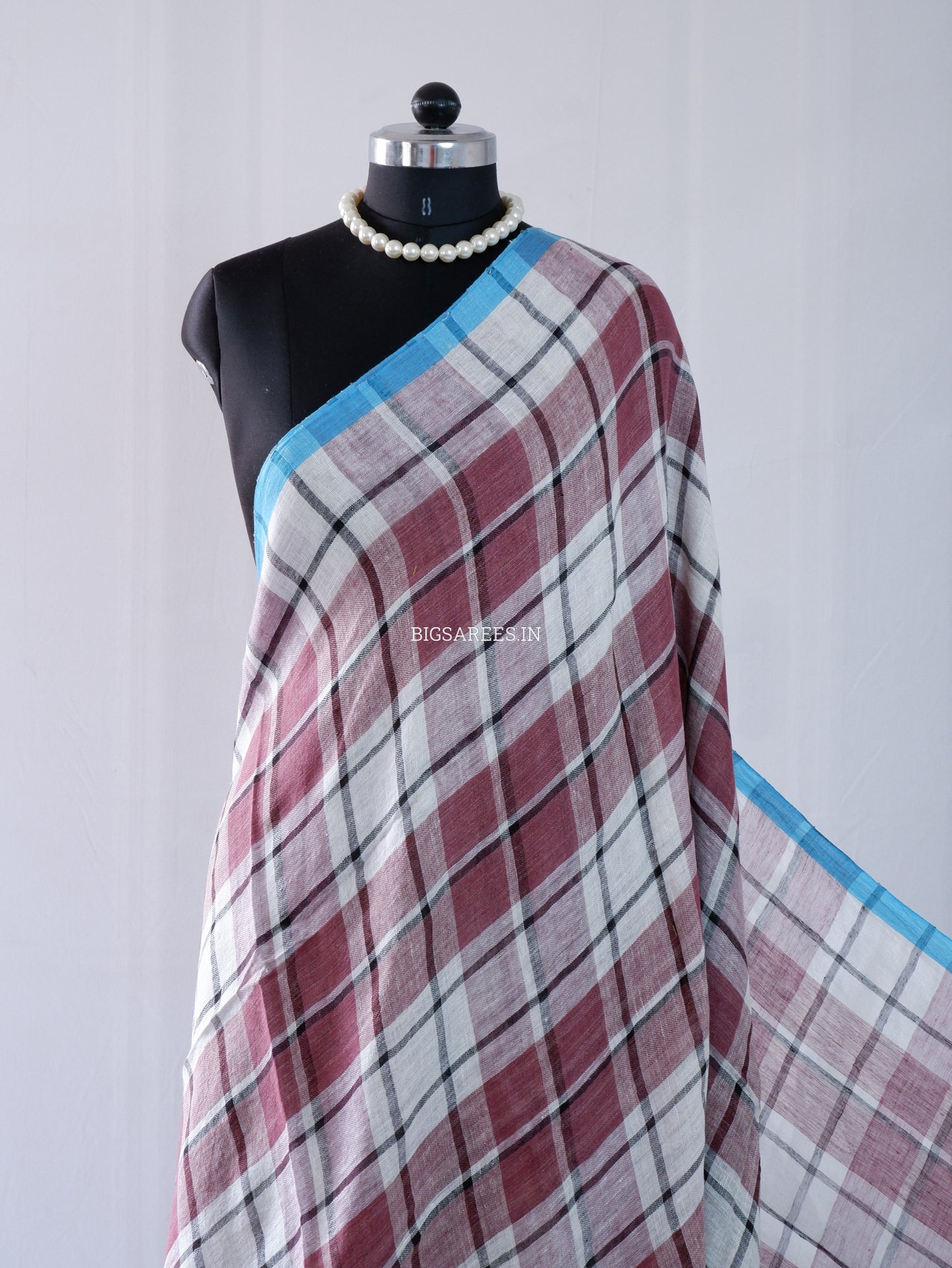 Pure Jayshree Linen Saree | Checks | Reddish Brown - White