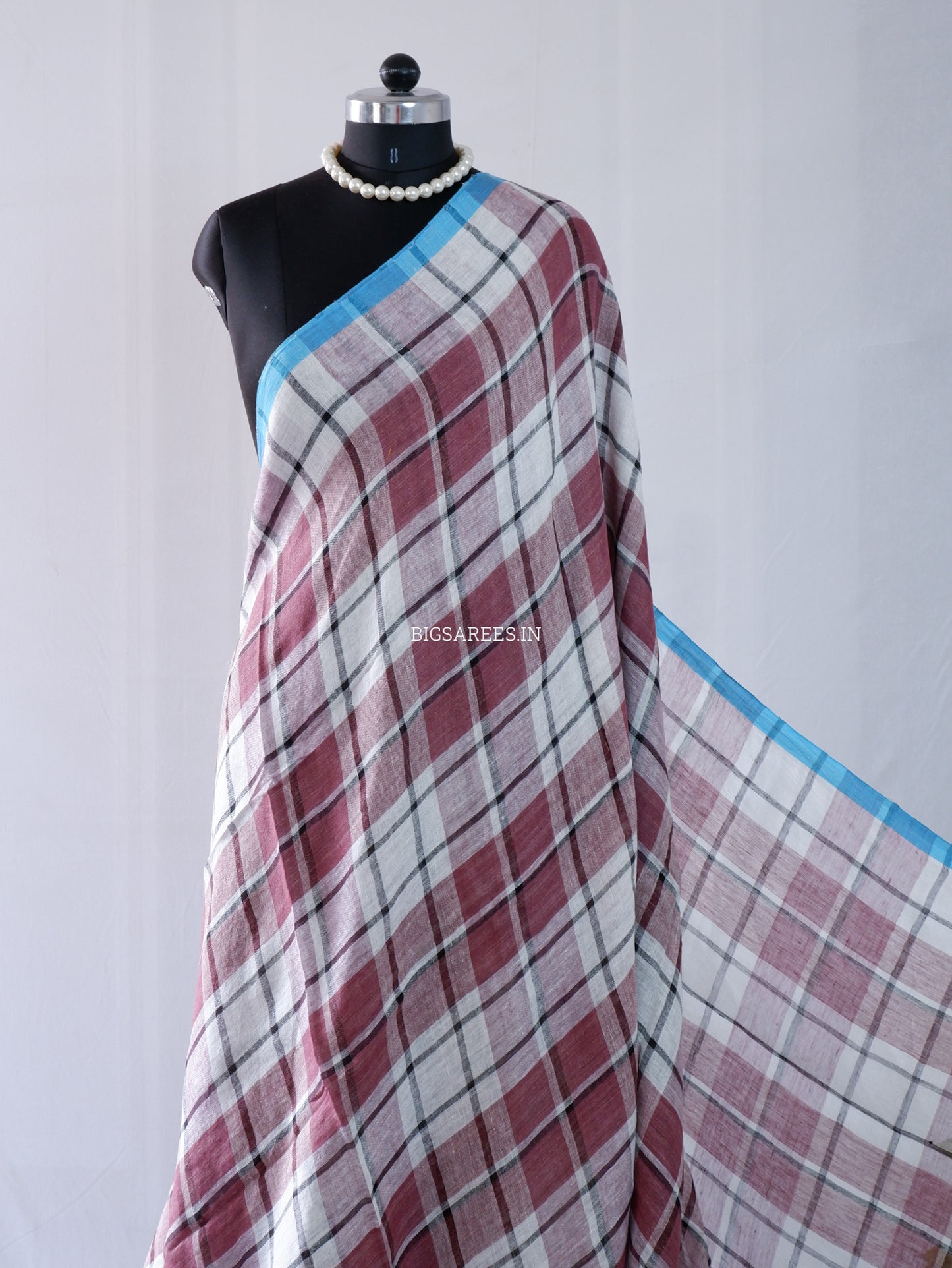 Pure Jayshree Linen Saree | Checks | Reddish Brown - White