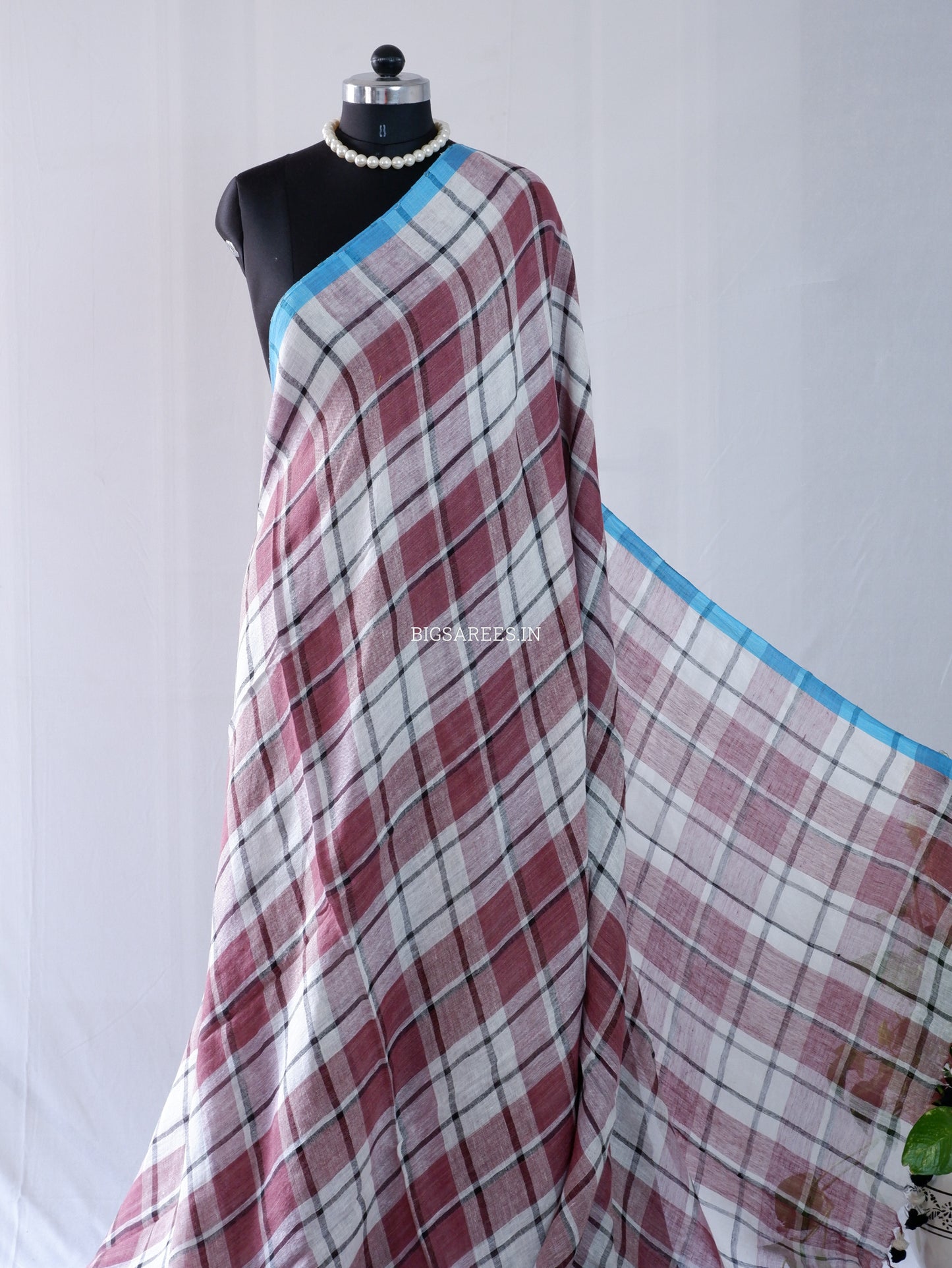 Pure Jayshree Linen Saree | Checks | Reddish Brown - White