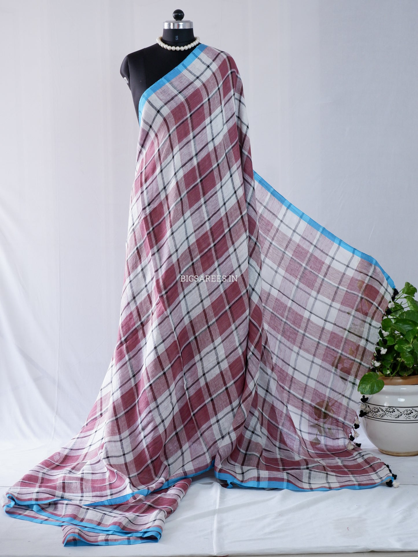 Pure Jayshree Linen Saree | Checks | Reddish Brown - White