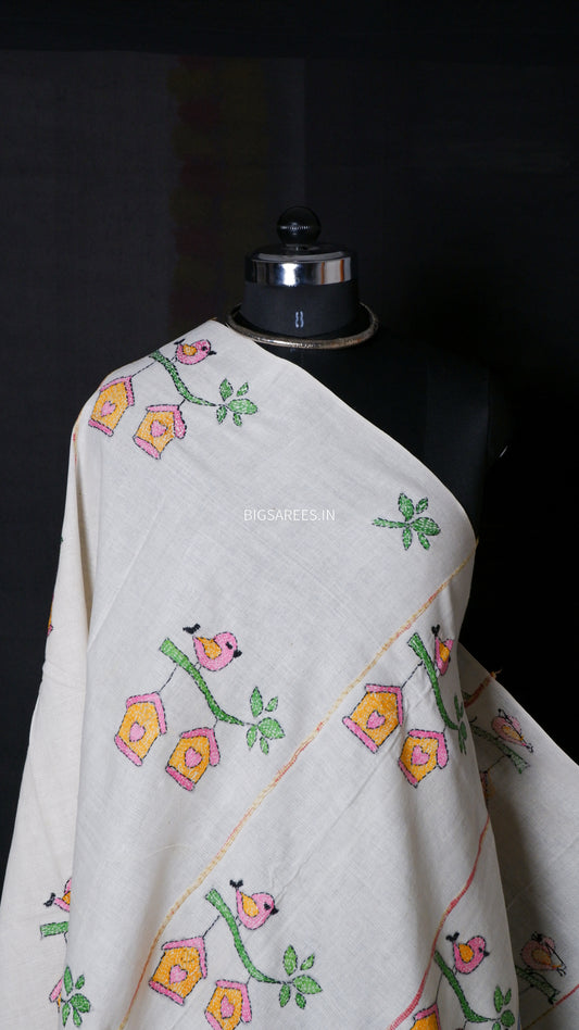 Hand-Embroidered Kantha Dupatta in Pure Khesh Cotton/ White With Blue Border/36"