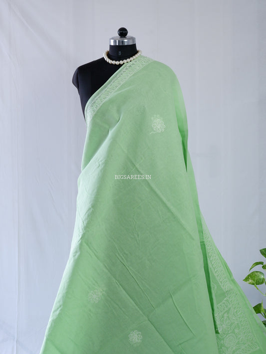 Chikankari Hand-Embroidered Saree | Heavy Work | Cotton | Light Green