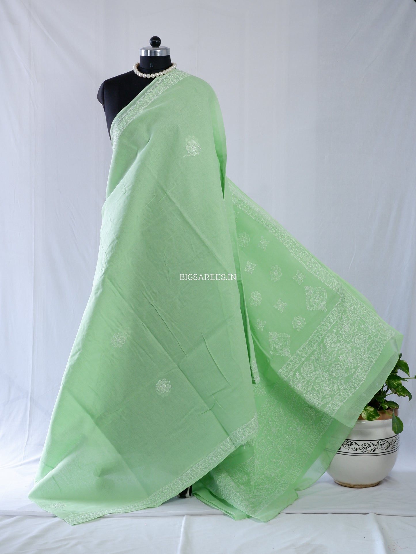 Chikankari Hand-Embroidered Saree | Heavy Work | Cotton | Light Green