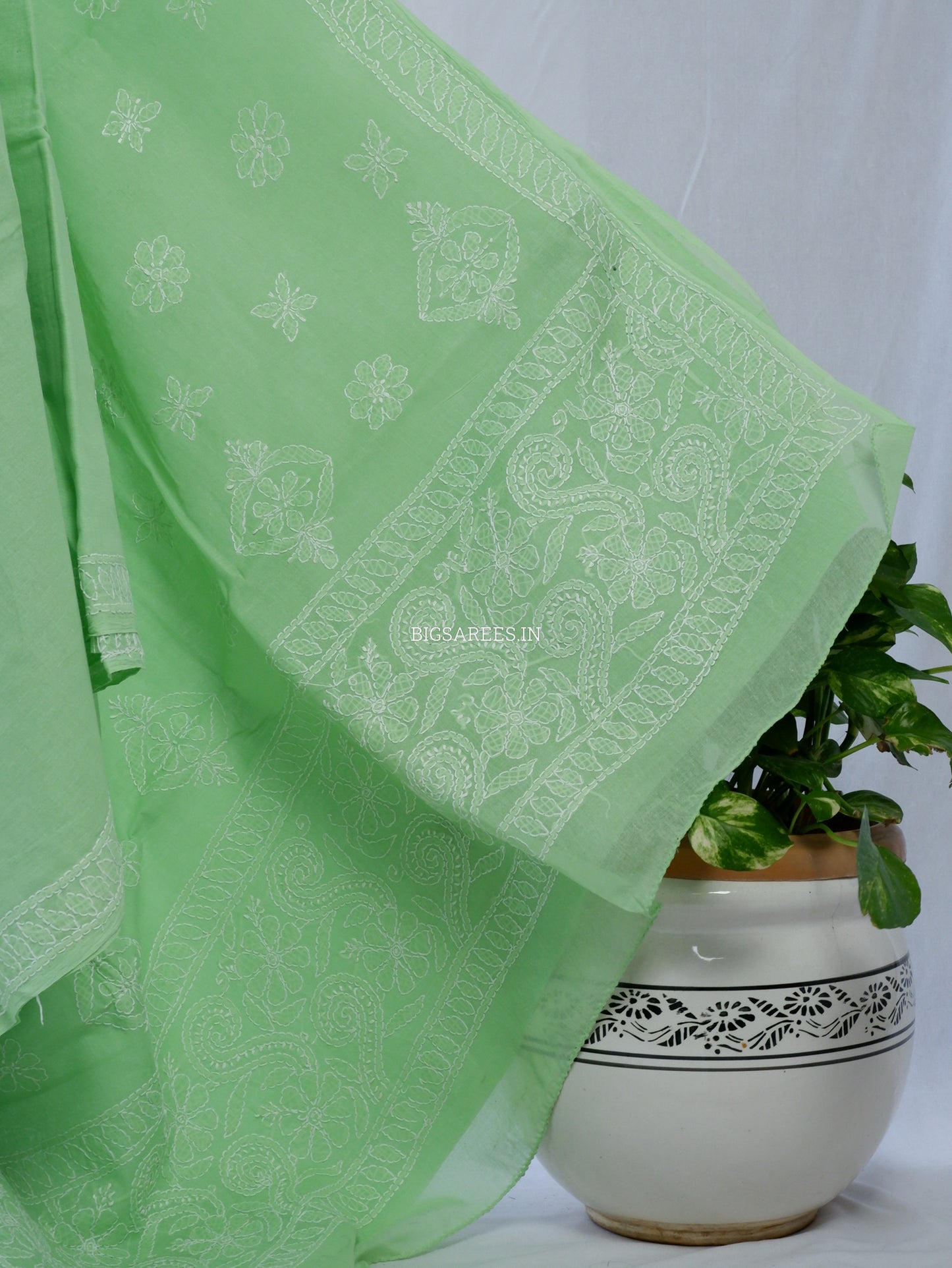Chikankari Hand-Embroidered Saree | Heavy Work | Cotton | Light Green