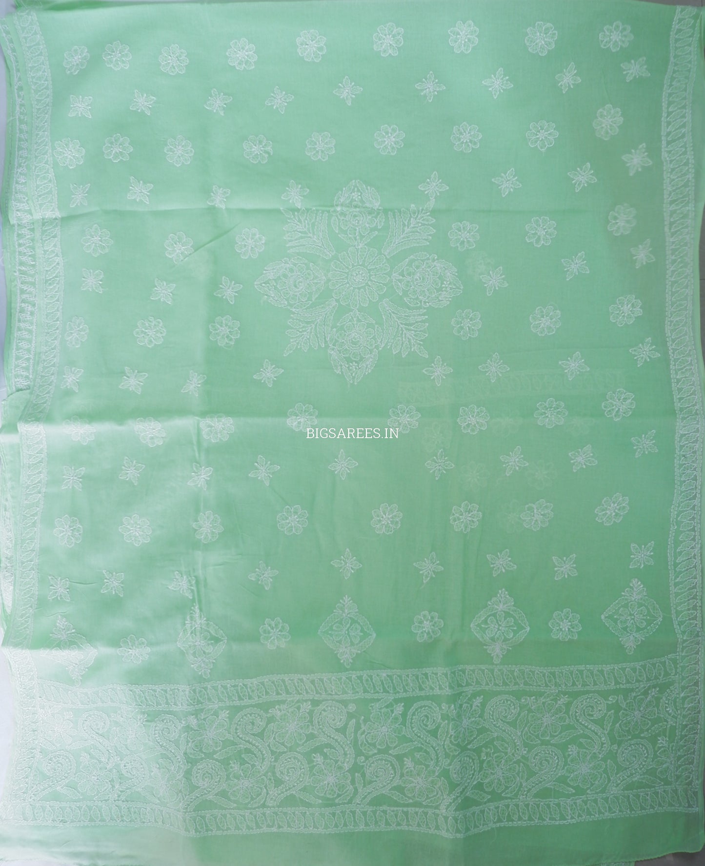 Chikankari Hand-Embroidered Saree | Heavy Work | Cotton | Light Green