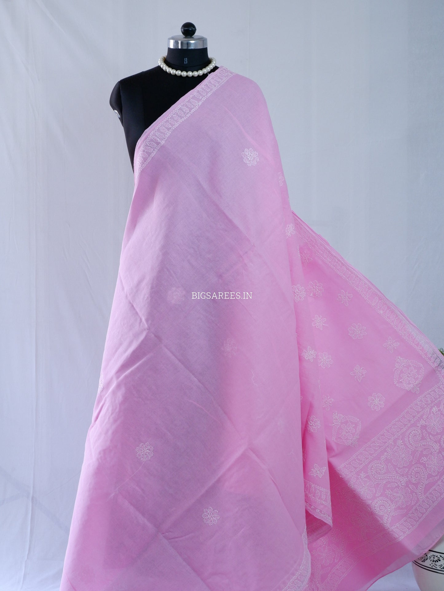 Chikankari Hand-Embroidered Saree | Heavy Work | Cotton | Pink