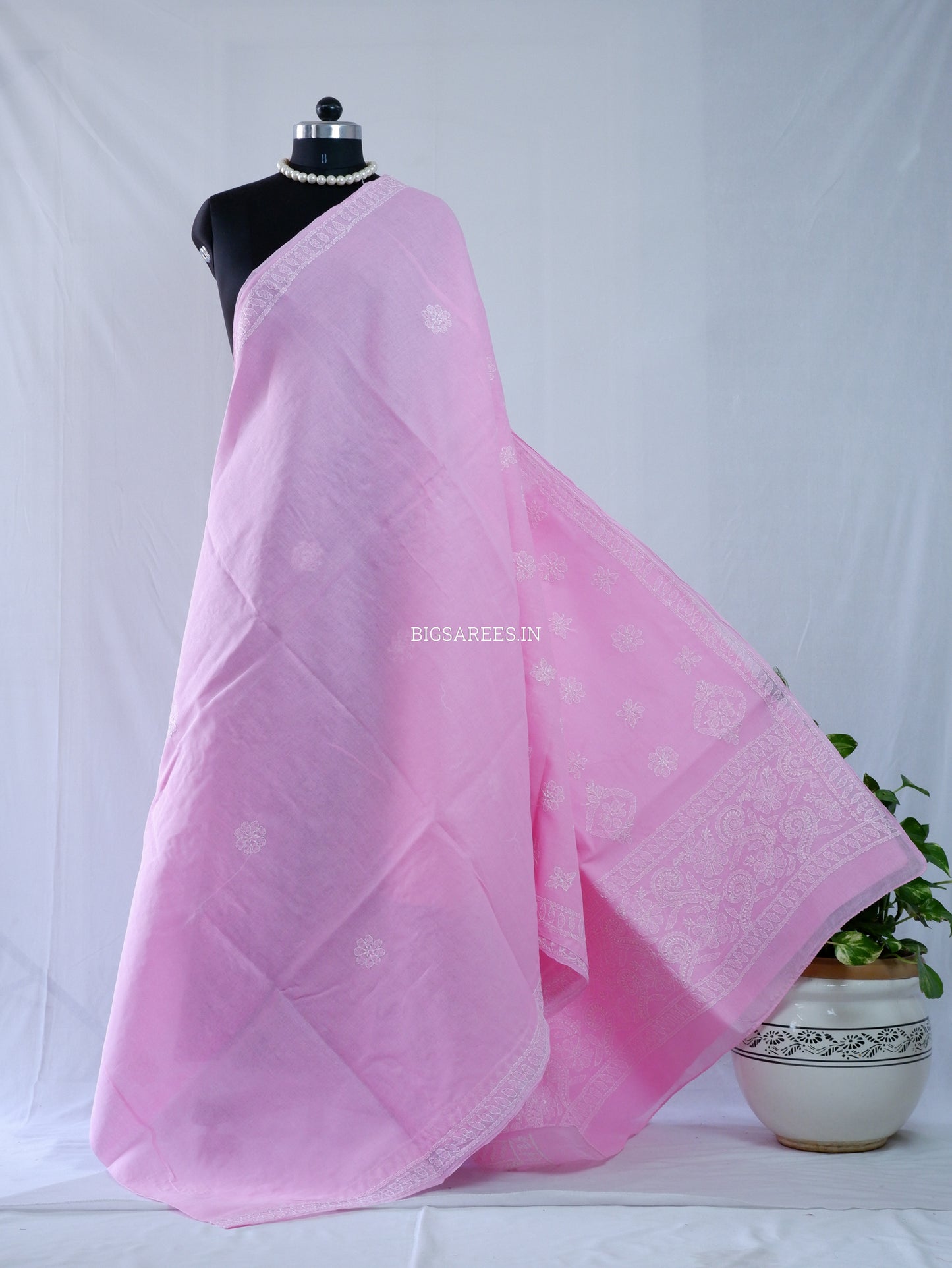 Chikankari Hand-Embroidered Saree | Heavy Work | Cotton | Pink