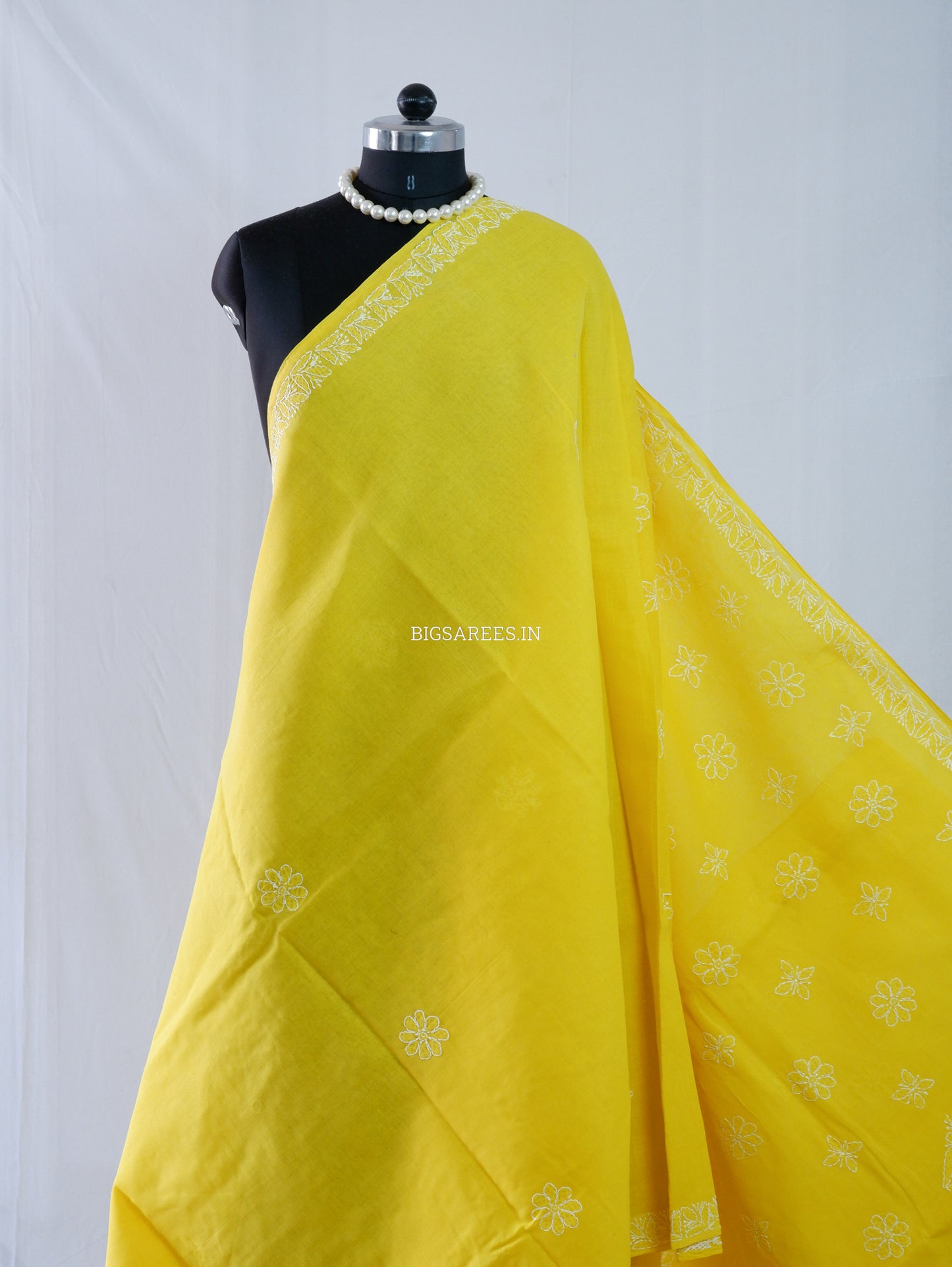Chikankari Hand-Embroidered Saree | Heavy Work | Cotton | Bright Yellow