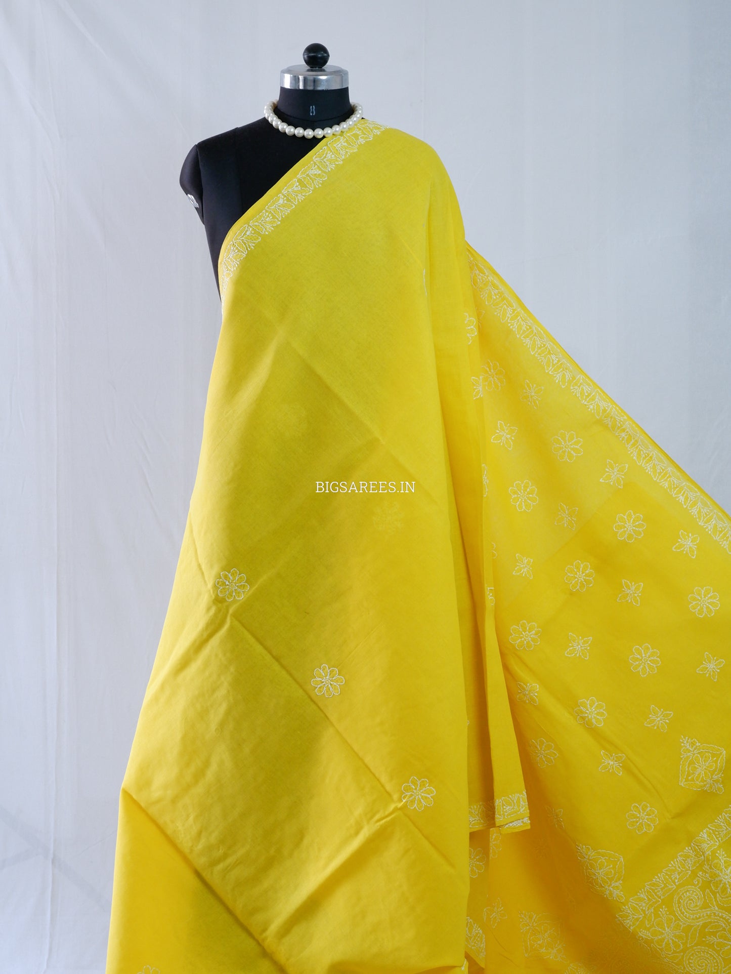Chikankari Hand-Embroidered Saree | Heavy Work | Cotton | Bright Yellow