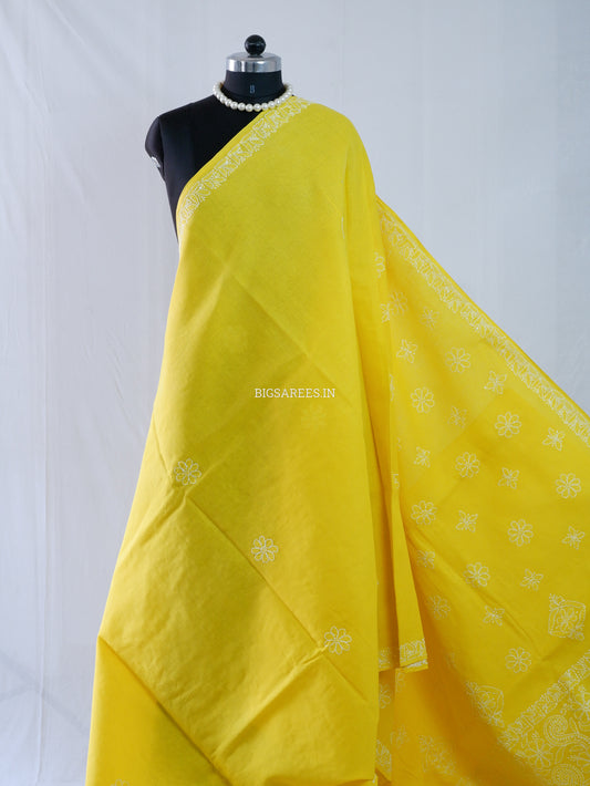 Chikankari Hand-Embroidered Saree | Heavy Work | Cotton | Bright Yellow
